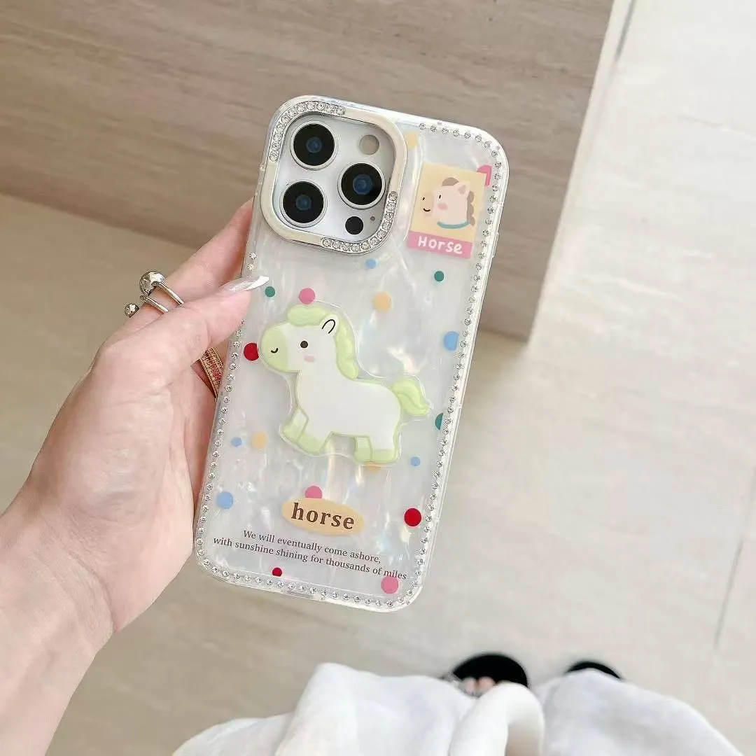 高级感贝壳纹可爱立体木马手绳适用苹果16promax手机壳iphone15pro新款13pro女款14pro防摔12硅胶保护套 - 图片 3