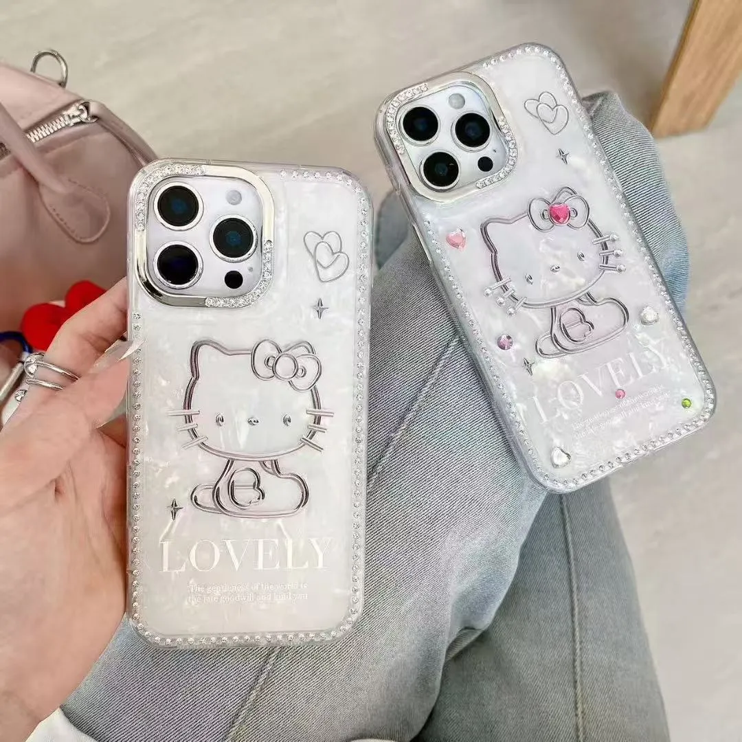 奢华高级感点钻贝壳纹KT猫适用于苹果16promax手机壳iphone15保护套14闪钻13防摔新款15pro可爱max手机套网红 - 图片 7