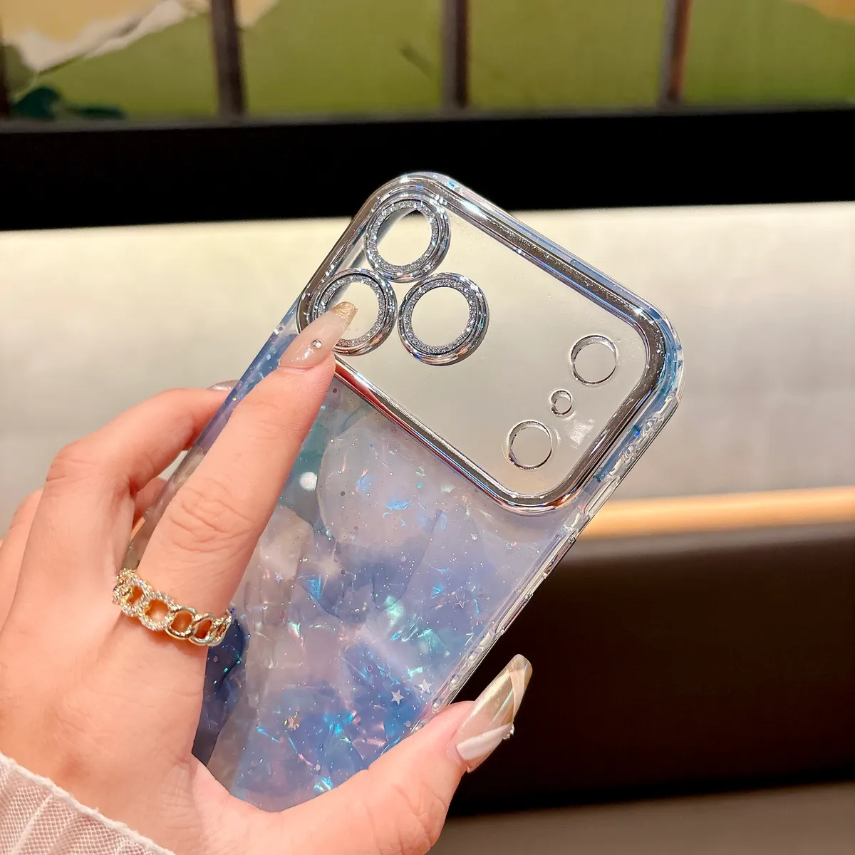 适用苹果系列iPhone17新款手机壳17pro16promax高级晕染理石纹14pro15promax银灰色闪粉镜头保护套 - 图片 9