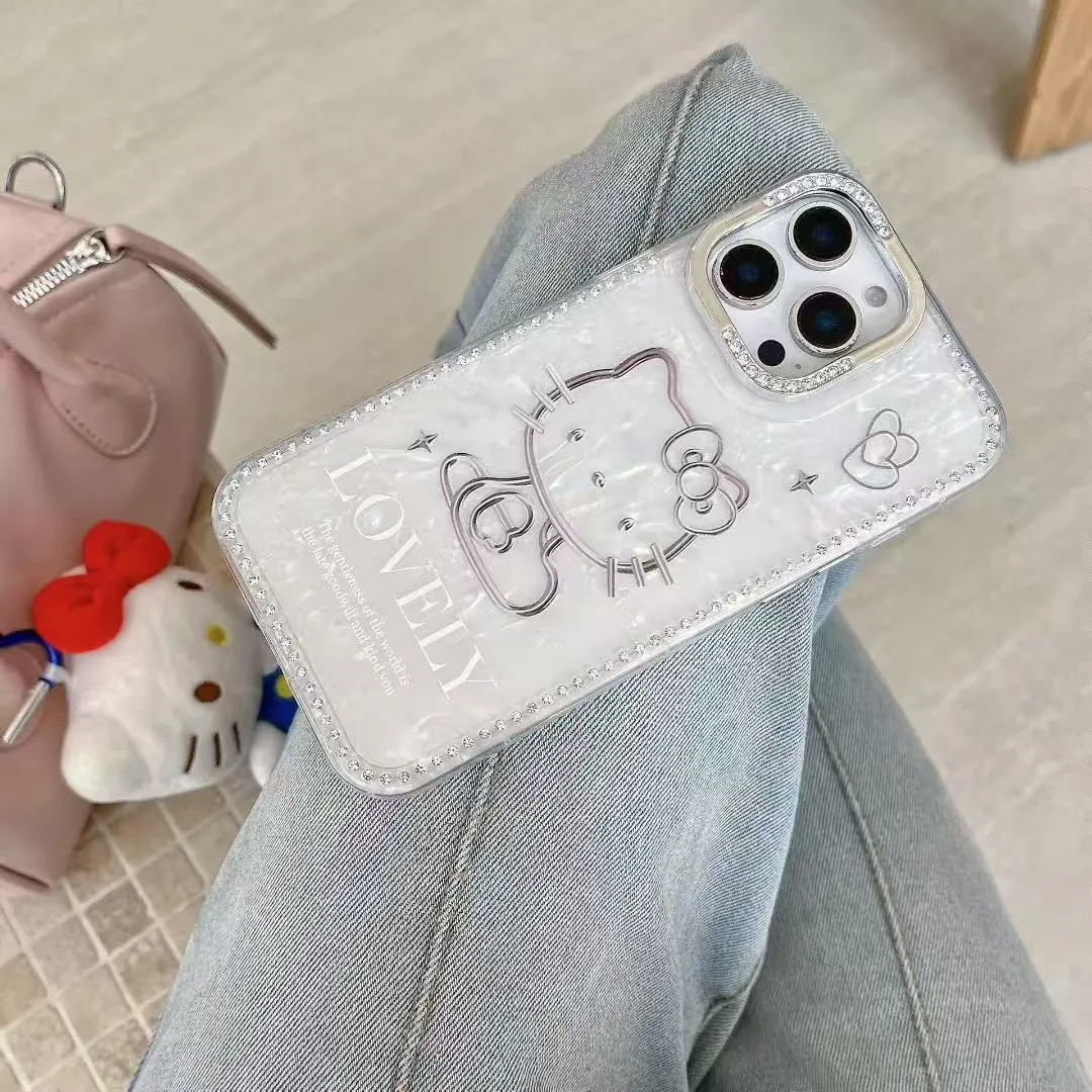 奢华高级感点钻贝壳纹KT猫适用于苹果16promax手机壳iphone15保护套14闪钻13防摔新款15pro可爱max手机套网红 - 图片 5
