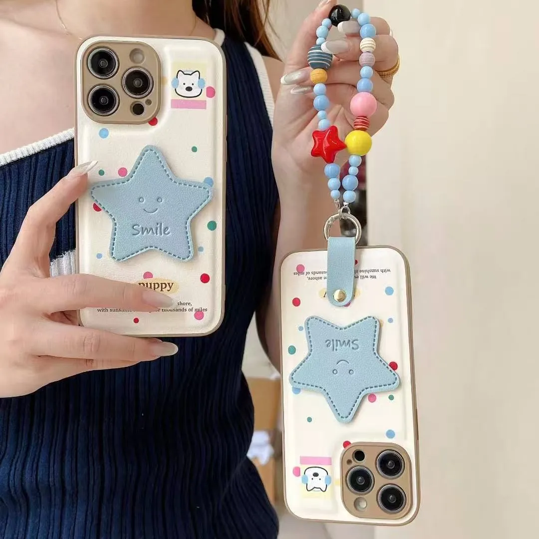 立体蓝星星适用苹果16promax手机壳新款iPhone15pro带手链斜跨16plus保护套时尚ins风韩系皮纹十六个性情侣 - 图片 7