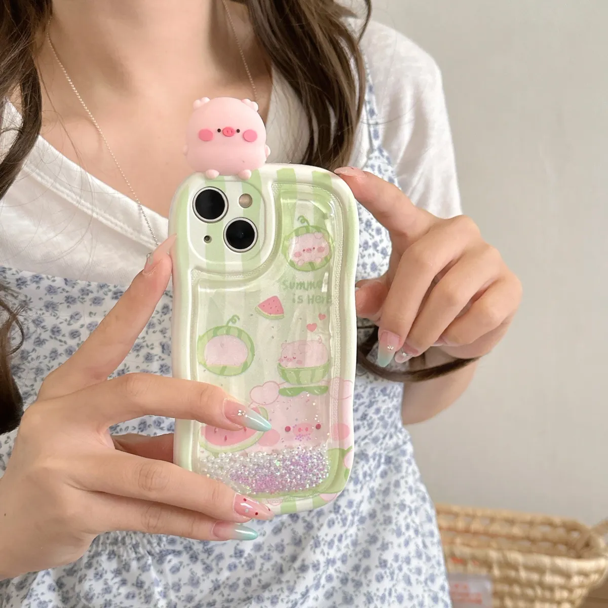 适用iphone14promax手机壳苹果13趴趴流沙绿底西瓜粉色小猪ins可爱唯美13pro max手机套15女款网红卡通14plus防摔16保护套 - 图片 5