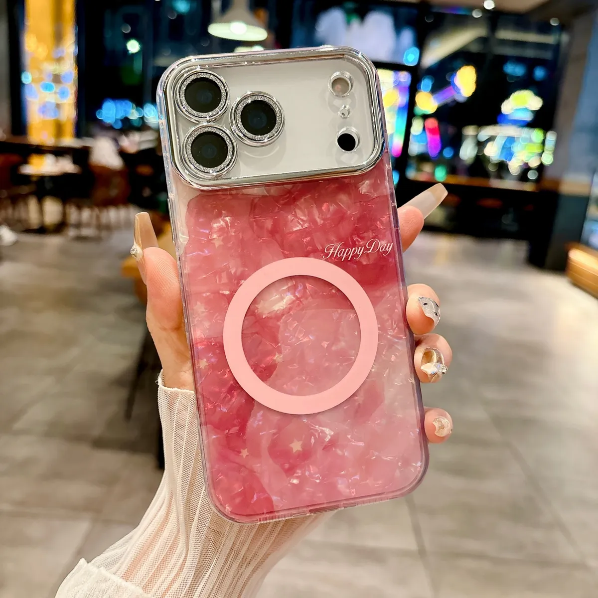 适用苹果系列iPhone17新款手机壳17pro16promax时尚贝壳纹磁吸14pro15promax银灰色闪粉镜头保护套 - 图片 3