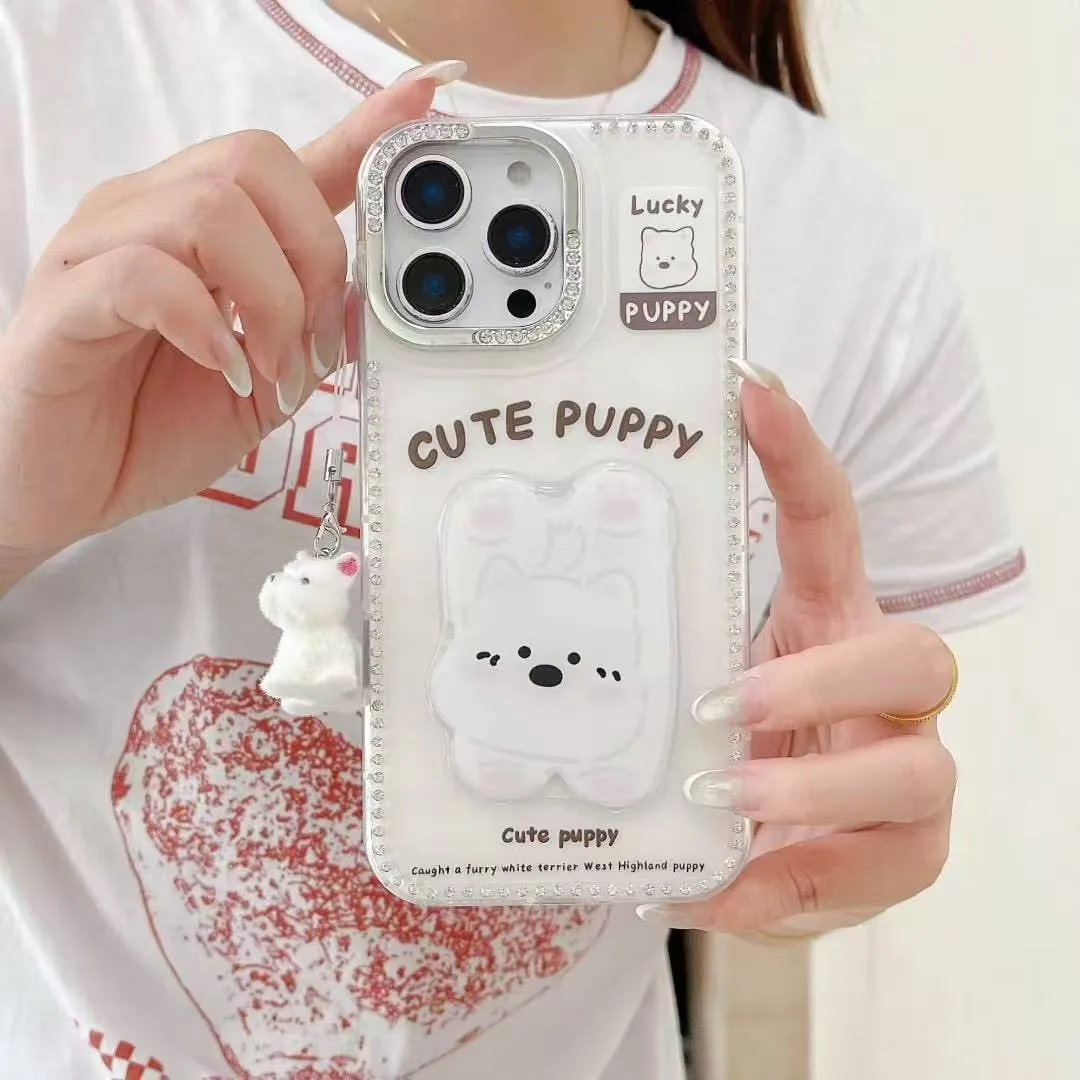 闪钻框立体贴片卡通白色小狗适用苹果16手机壳iphone15pro新款14创意13女16promax全包12防摔手机套创意个性 - 图片 9
