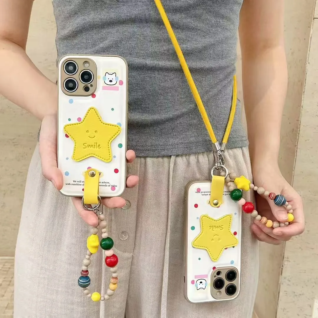 立体黄星星适用苹果16promax手机壳新款iPhone15pro带手链斜跨16plus保护套时尚ins风韩系皮纹十六个性情侣 - 图片 2