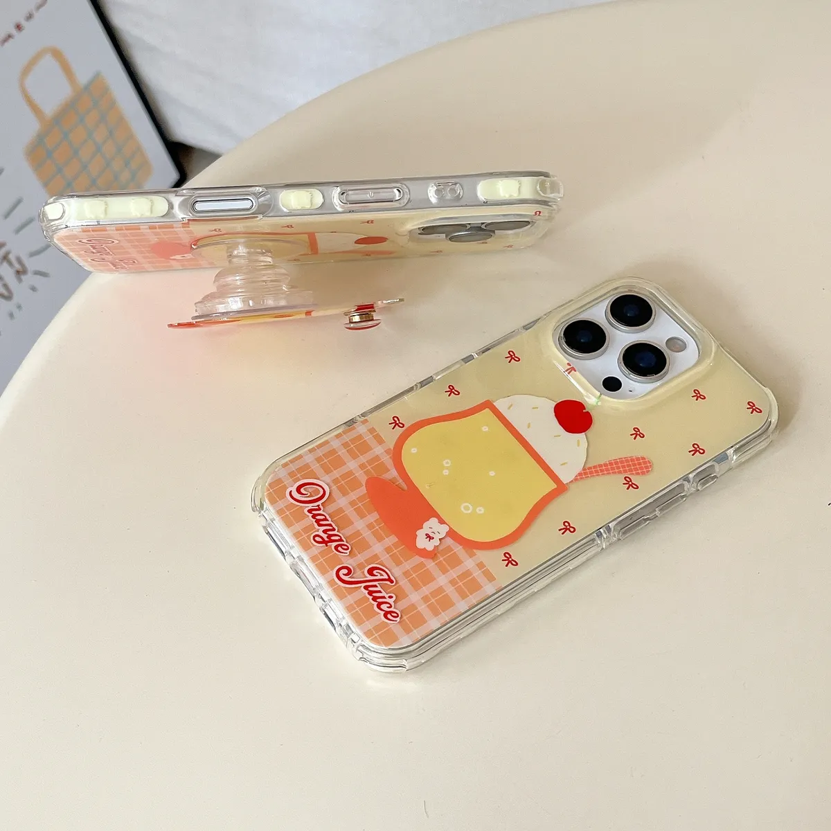 KT边格纹拼接樱桃雪糕杯适用苹果15promax手机壳日韩可爱卡通创意iphone16防摔全包手机套 - 图片 2