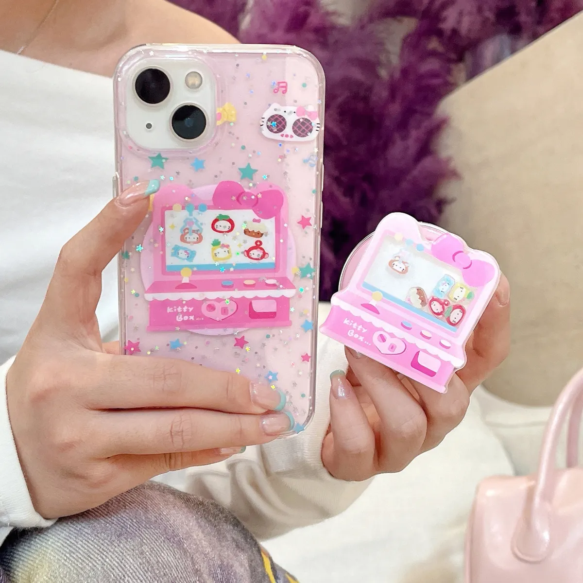 双层闪粉磁吸imd娃娃机kt猫适用苹果15摇摇乐支架iPhone16promax可爱卡通手机壳 - 图片 2