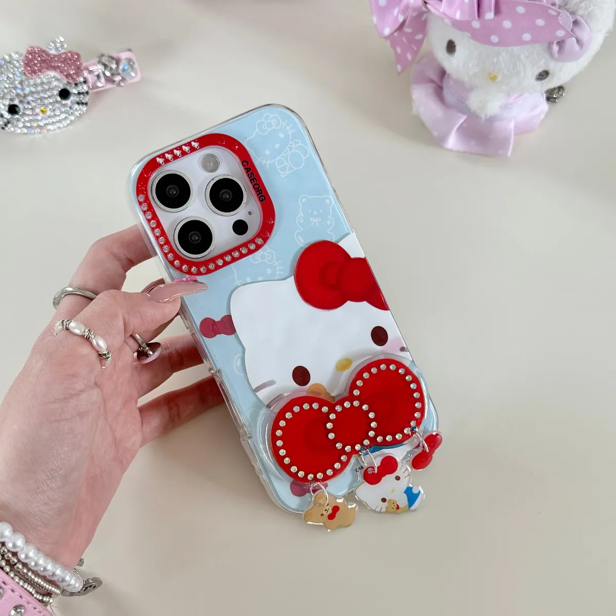 点钻褶皱 蝴蝶结Kitty折叠支架适用16ProMax苹果手机壳iPhone15Pro防摔13p男女款15保护套 - 图片 7