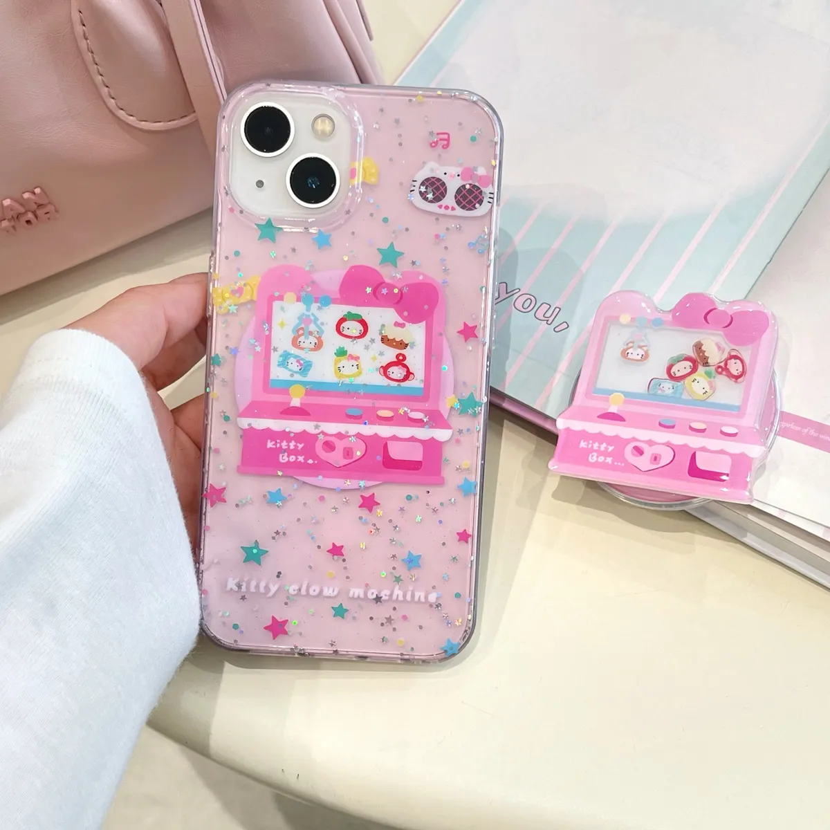 双层闪粉磁吸imd娃娃机kt猫适用苹果15摇摇乐支架iPhone16promax可爱卡通手机壳 - 图片 4