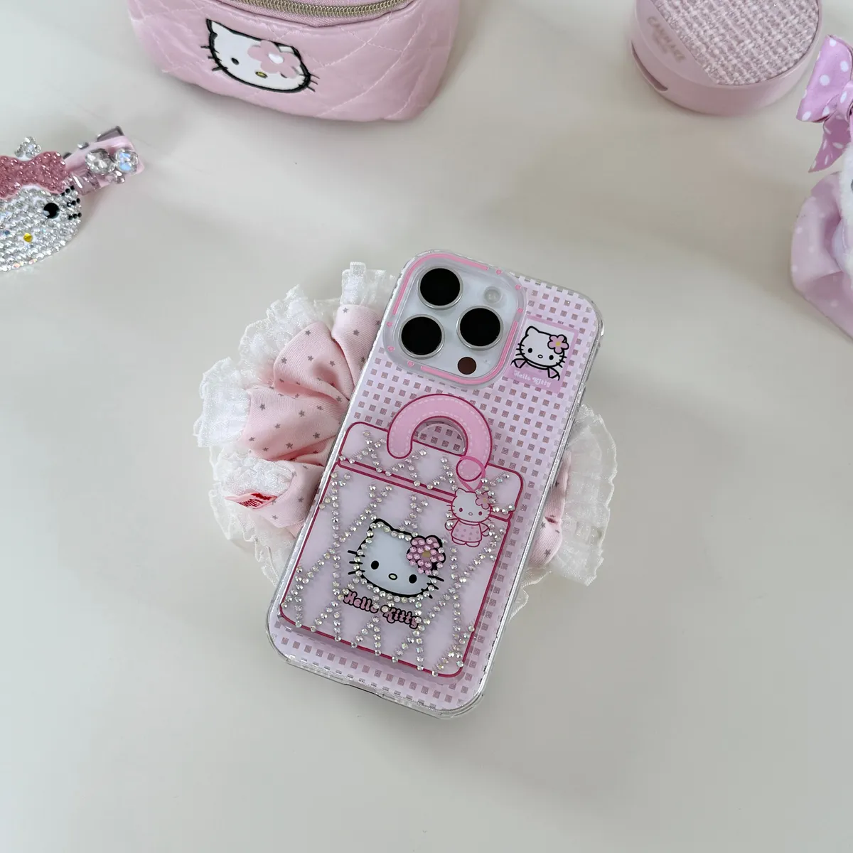 HelloKtty钻石菱格化妆包适用可爱16ProMax苹果手机壳iPhone15Pro14pm卡通系13保护套 - 图片 3