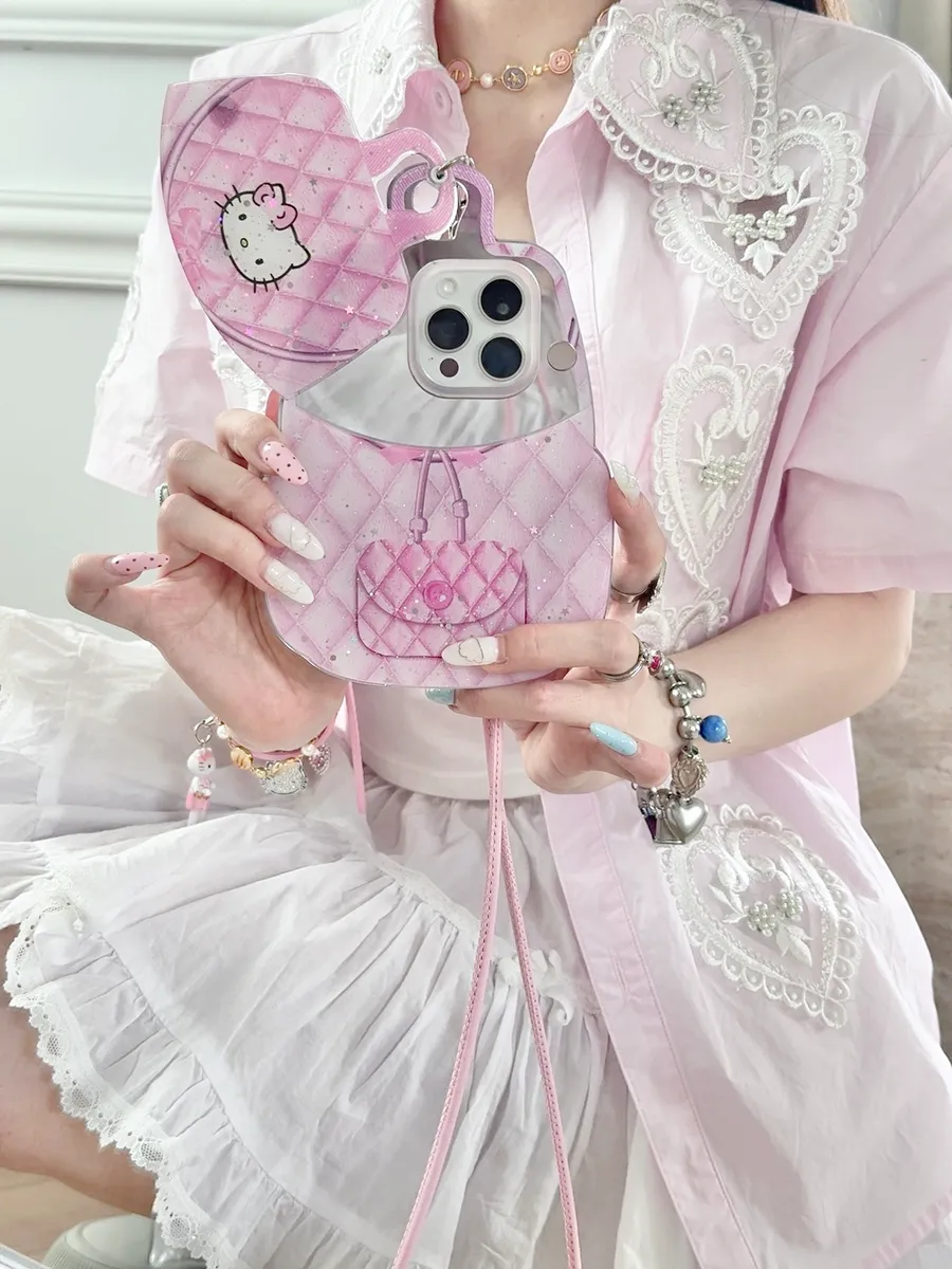 斜背推拉补妆镜Hellokitty菱格包包适用16ProMax苹果手机壳iPhone15Pro防摔13p男女款15保护套