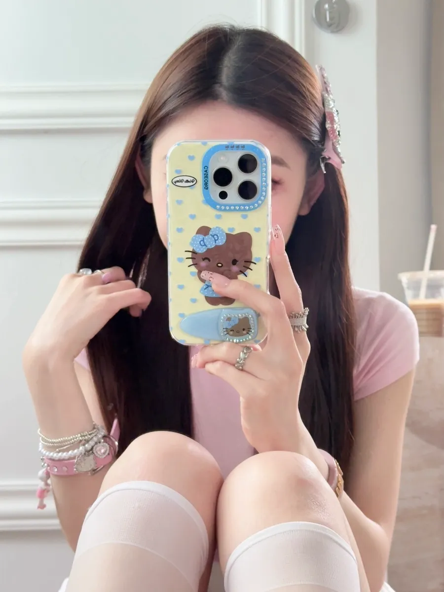 点钻褶皱爱心Kitty发夹支架适用16ProMax苹果手机壳iPhone15Pro防摔13p男女款15保护套 - 图片 2