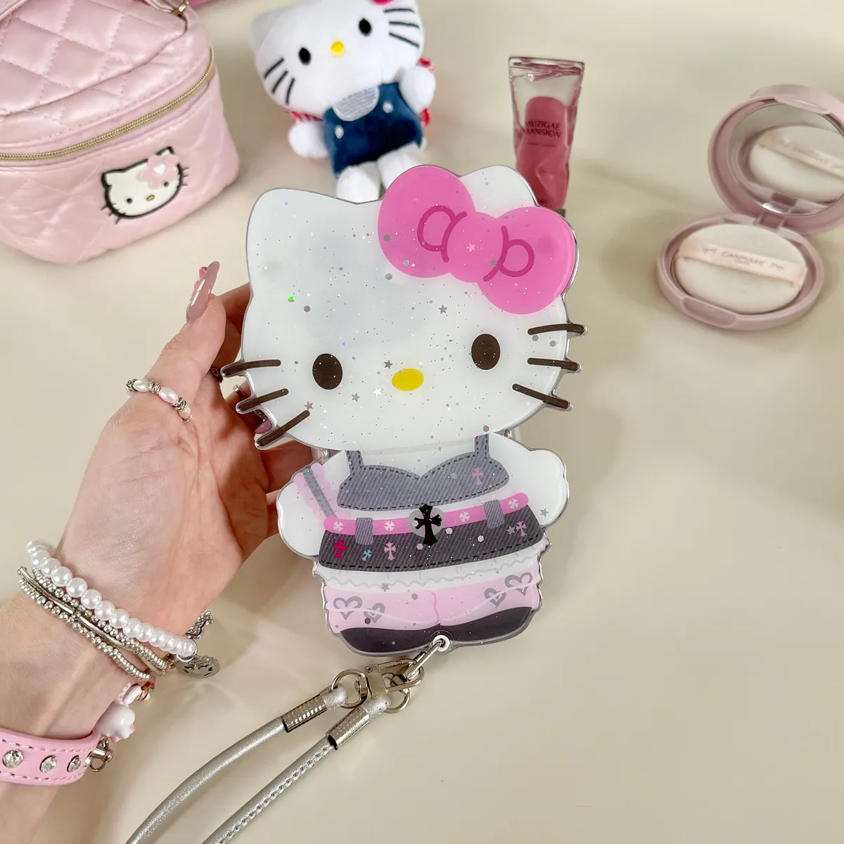 斜背推拉补妆镜克罗心Hellokitty适用16ProMax苹果手机壳iPhone15Pro防摔13p男女款15保护套 - 图片 3