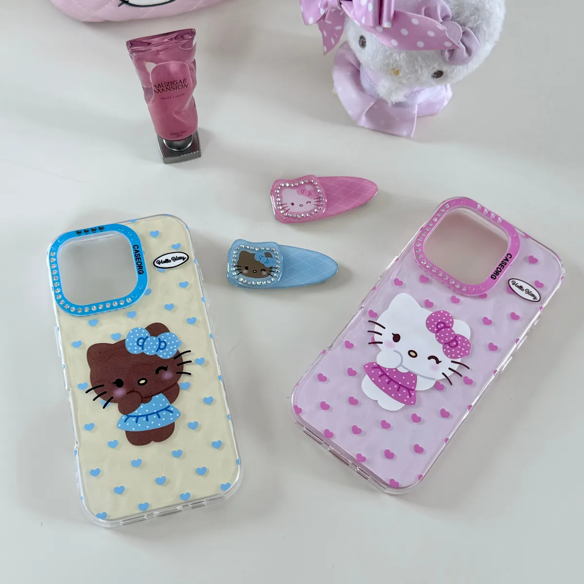 点钻褶皱爱心Kitty发夹支架适用16ProMax苹果手机壳iPhone15Pro防摔13p男女款15保护套 - 图片 8
