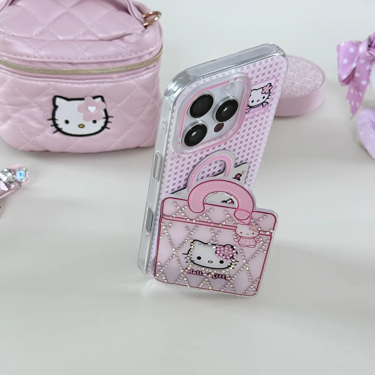 HelloKitty钻石菱格化妆包适用16ProMax苹果手机壳iPhone15Pro防摔13p男女款15保护套 - 图片 4