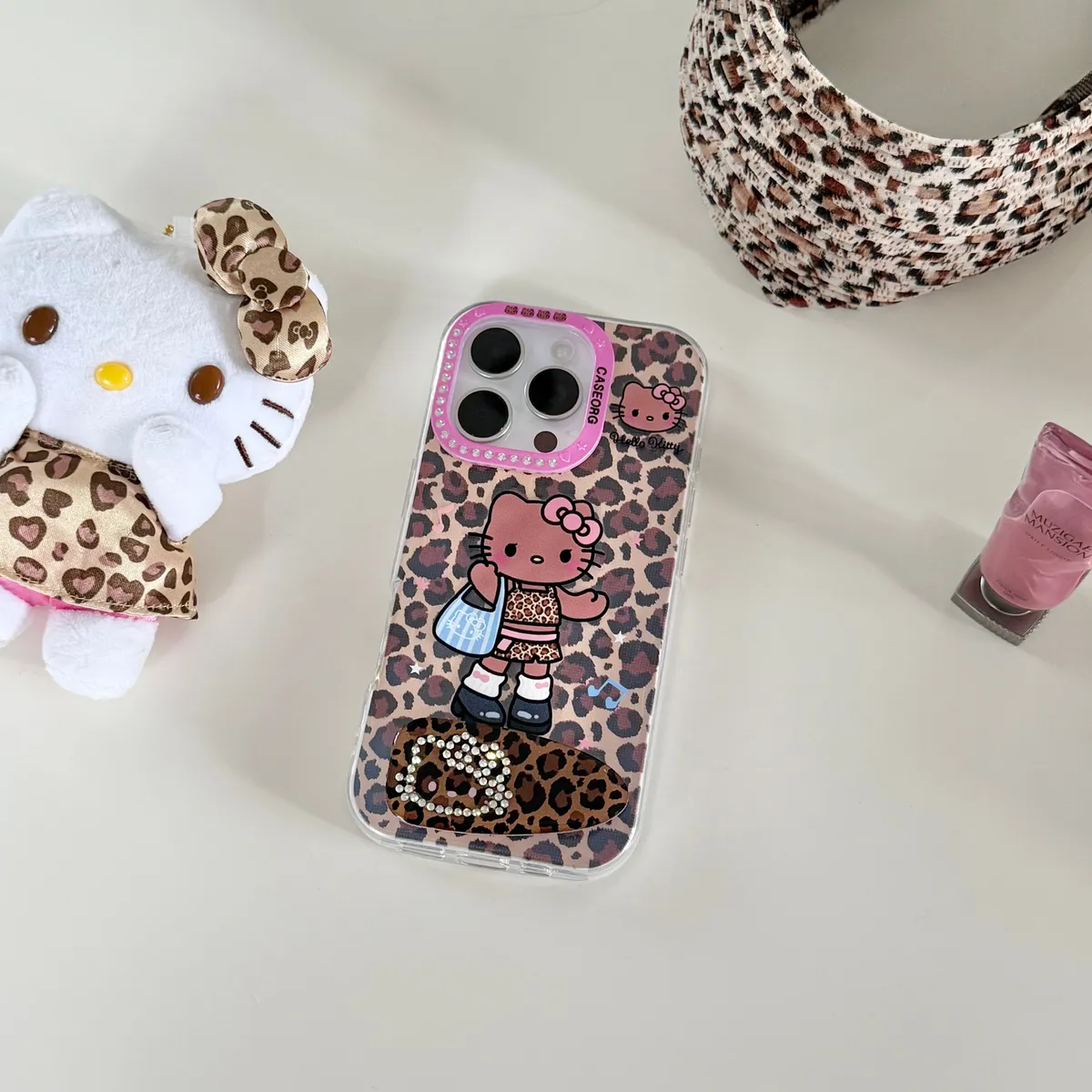 点钻褶皱 豹纹Kitty发夹支架适用16ProMax苹果手机壳iPhone15Pro防摔13p男女款15保护套