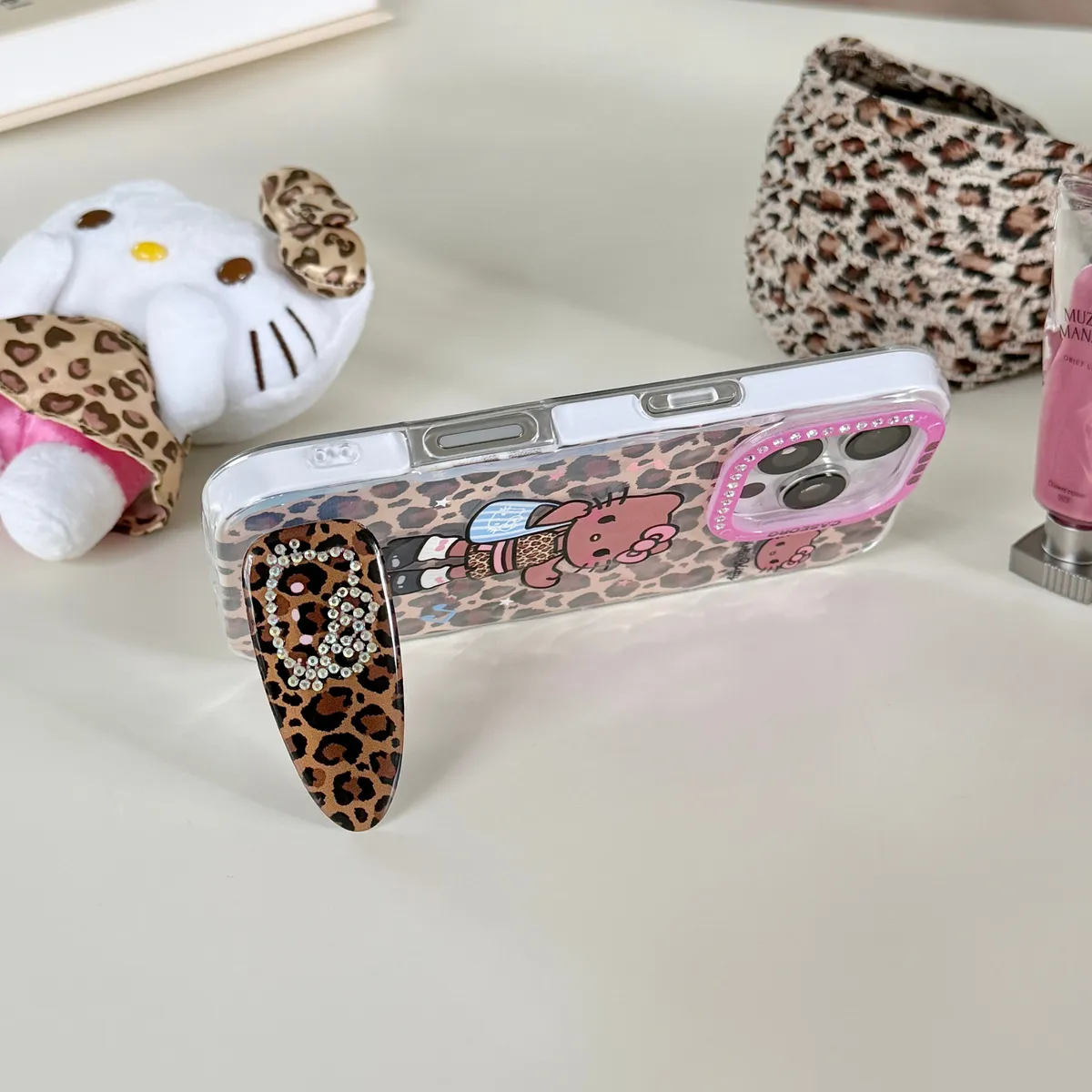 点钻褶皱 豹纹Kitty发夹支架适用16ProMax苹果手机壳iPhone15Pro防摔13p男女款15保护套 - 图片 2
