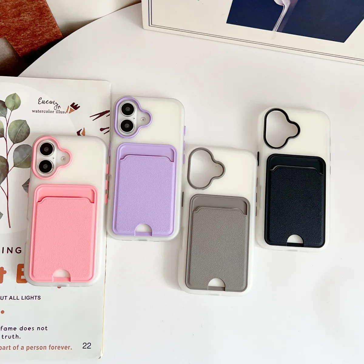 简约糖果色二合一TPU适用iphone16promax手机壳14plus大孔硬壳15苹果13少女17/17 PRO MAX小众皮纹卡包手机套 - 图片 2