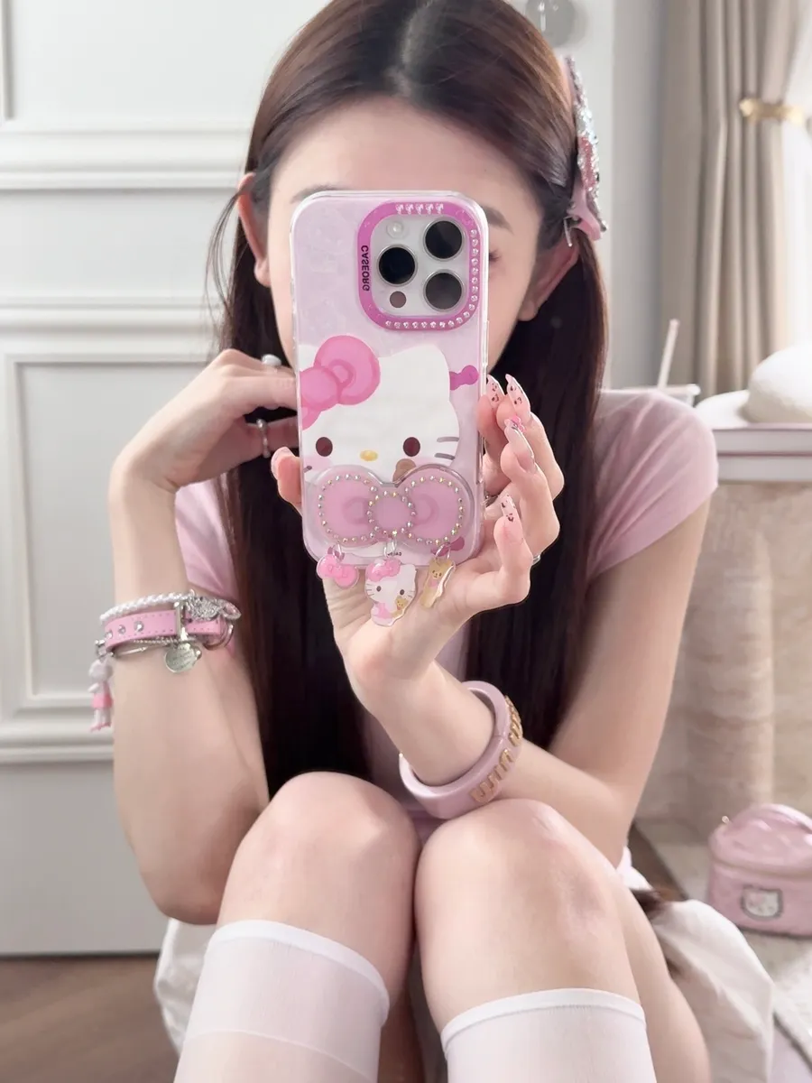 点钻褶皱 蝴蝶结Kitty折叠支架适用16ProMax苹果手机壳iPhone15Pro防摔13p男女款15保护套 - 图片 2