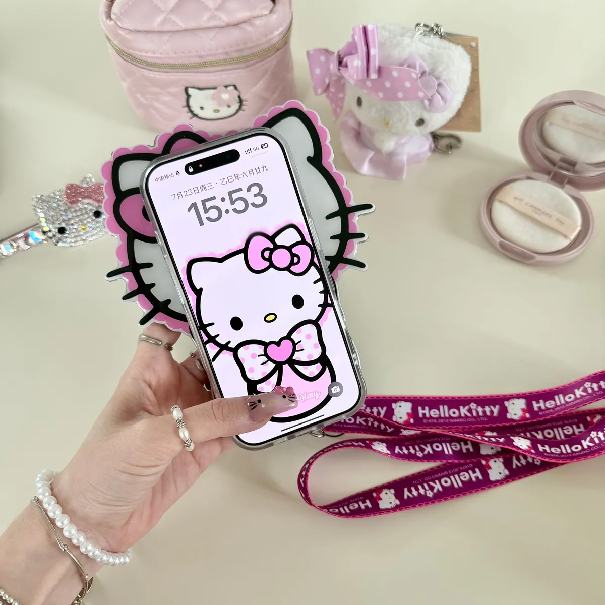 斜背推拉补妆镜Hellokitty适用16ProMax苹果手机壳iPhone15Pro防摔13p男女款15保护套 - 图片 3