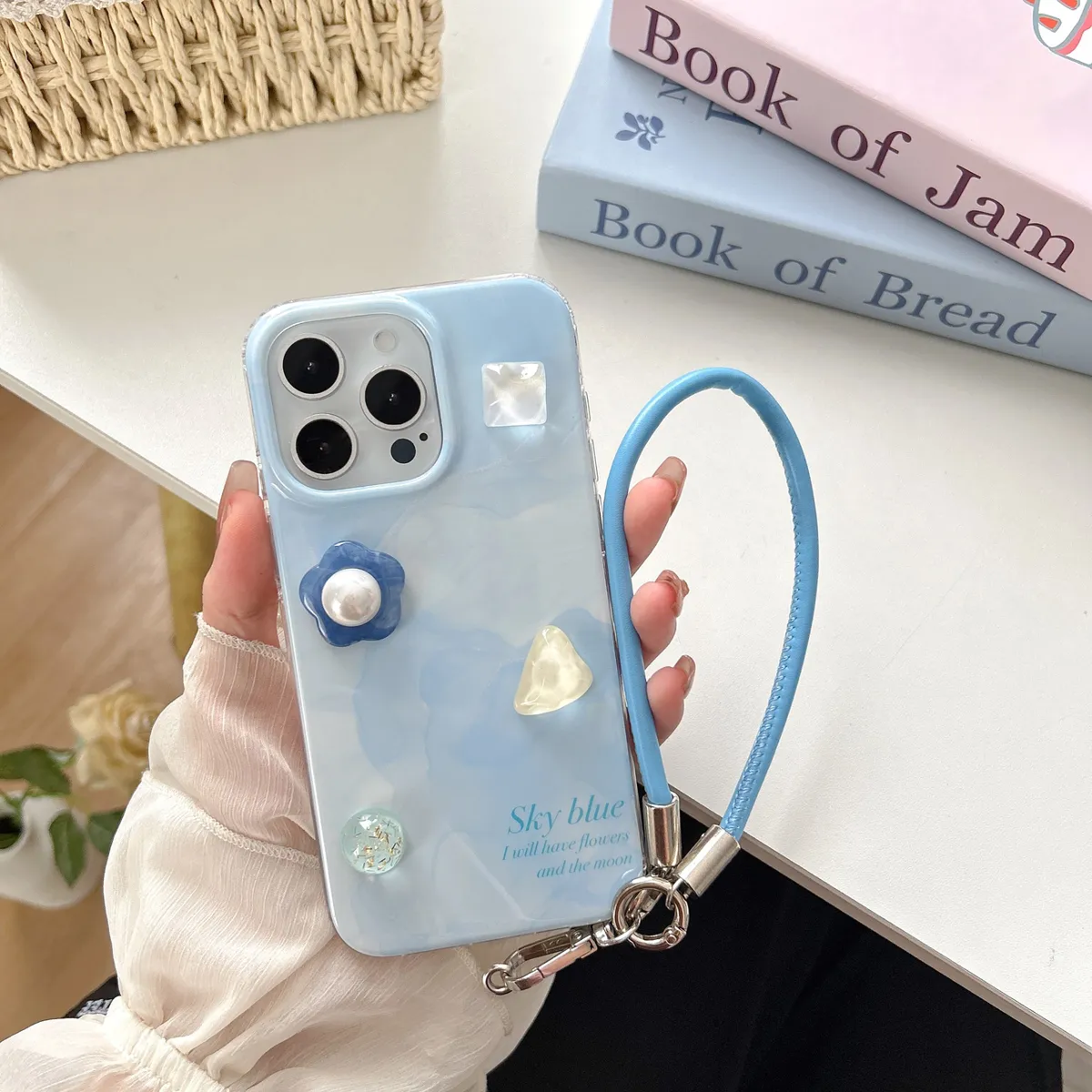 ins风高级感晕染蓝色立体宝石贴饰适用iPhone16Promax苹果15手机壳全包保护套 - 图片 3