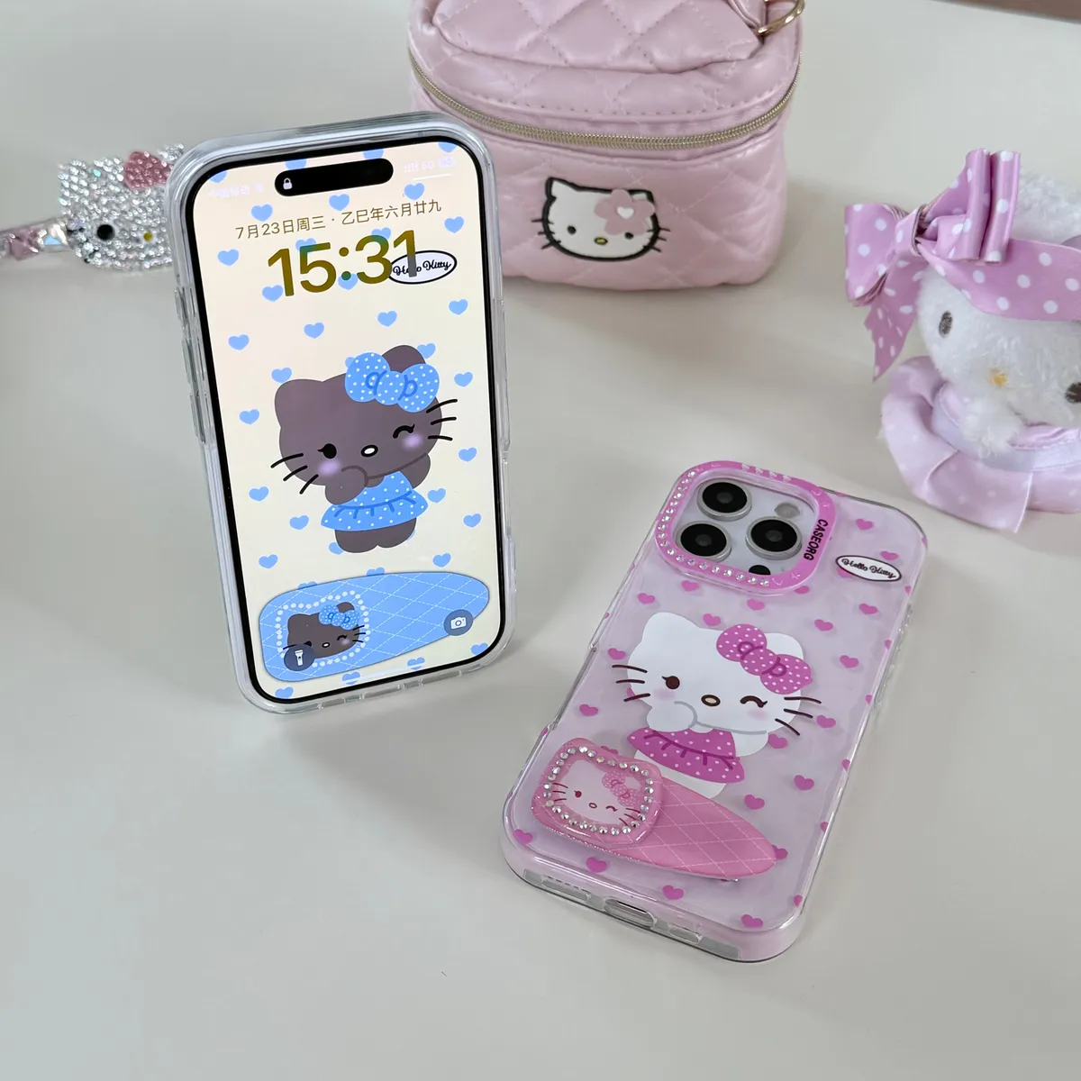 点钻褶皱爱心Kitty发夹支架适用16ProMax苹果手机壳iPhone15Pro防摔13p男女款15保护套 - 图片 6