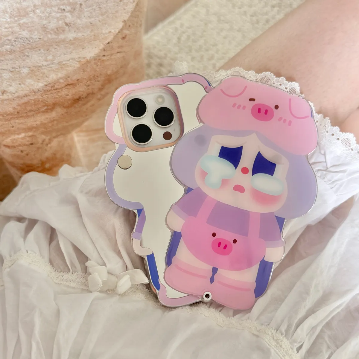 斜背推拉补妆镜 哭娃适用可爱16ProMax苹果手机壳iPhone15Pro14pm卡通系13保护套 - 图片 2