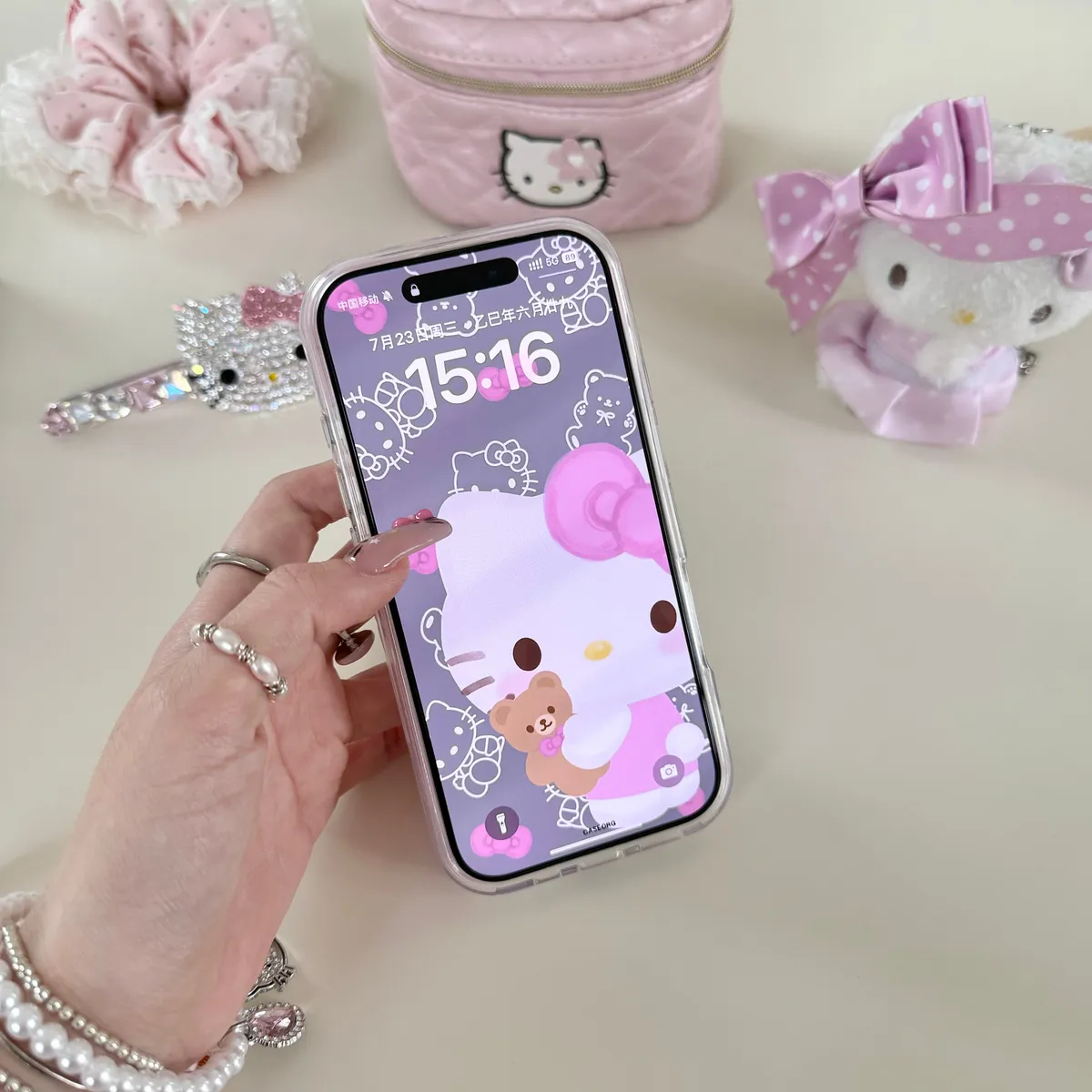 点钻褶皱 蝴蝶结Kitty折叠支架适用16ProMax苹果手机壳iPhone15Pro防摔13p男女款15保护套 - 图片 4