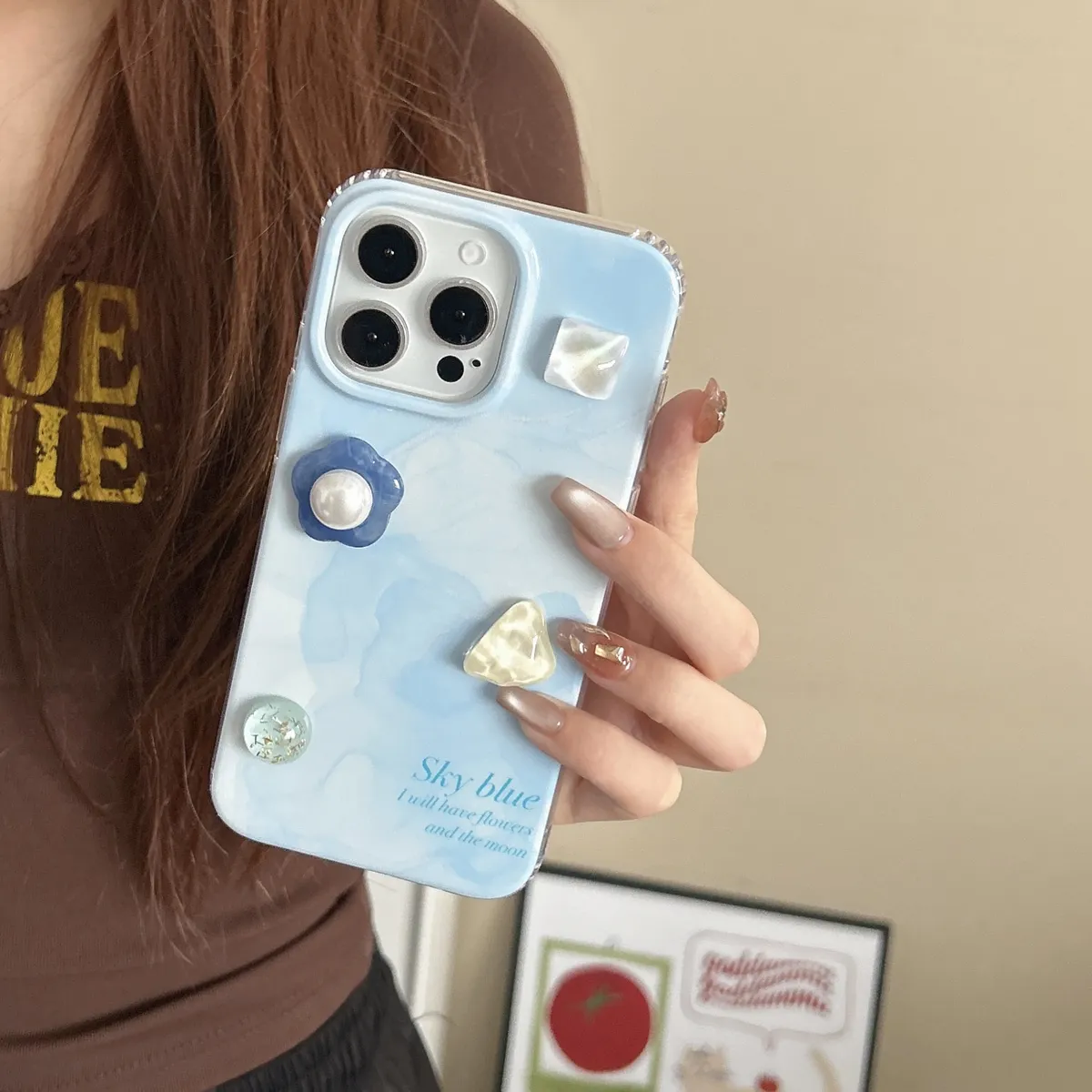 ins风高级感晕染蓝色立体宝石贴饰适用iPhone16Promax苹果15手机壳全包保护套