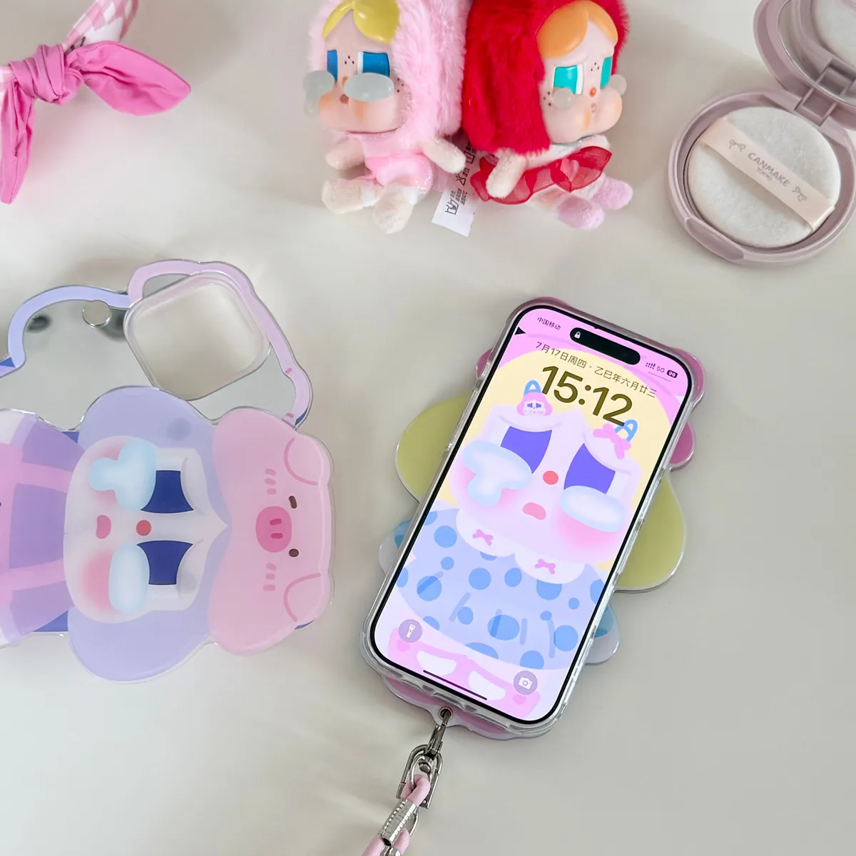 斜背推拉补妆镜 哭娃适用可爱16ProMax苹果手机壳iPhone15Pro14pm卡通系13保护套 - 图片 3