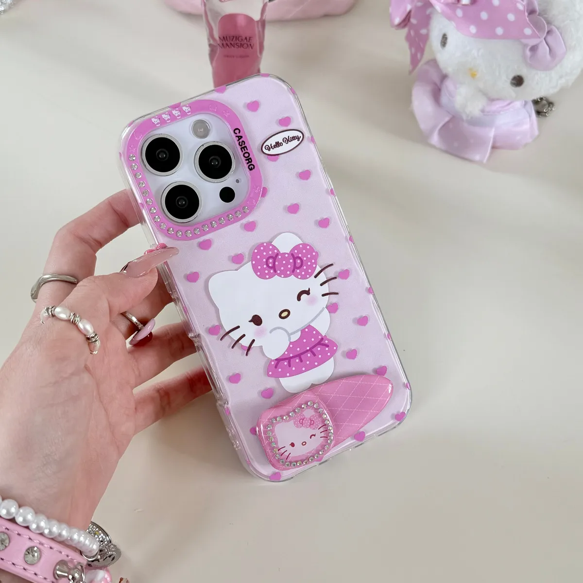 点钻褶皱爱心Kitty发夹支架适用16ProMax苹果手机壳iPhone15Pro防摔13p男女款15保护套 - 图片 5