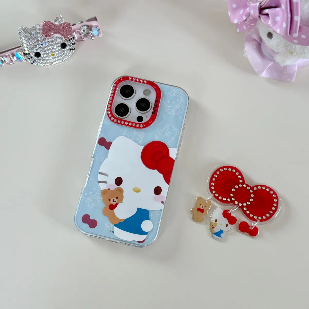 点钻褶皱 蝴蝶结Kitty折叠支架适用16ProMax苹果手机壳iPhone15Pro防摔13p男女款15保护套 - 图片 6