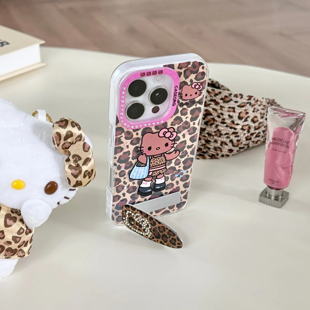 点钻褶皱 豹纹Kitty发夹支架适用16ProMax苹果手机壳iPhone15Pro防摔13p男女款15保护套 - 图片 4