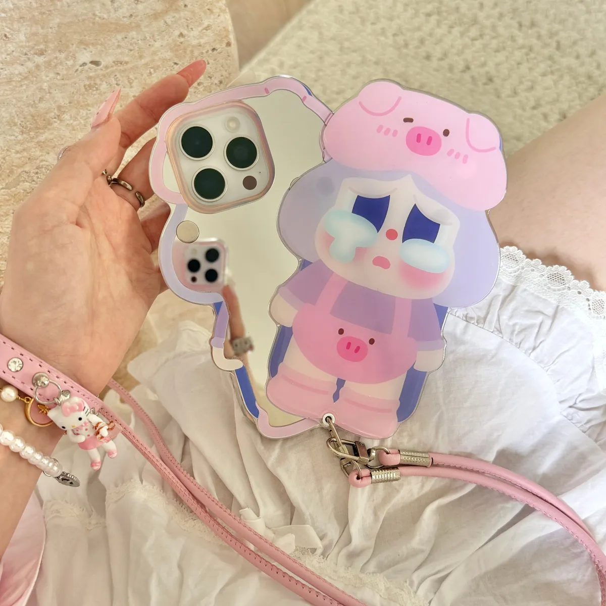 斜背推拉补妆镜 哭娃适用可爱16ProMax苹果手机壳iPhone15Pro14pm卡通系13保护套 - 图片 6