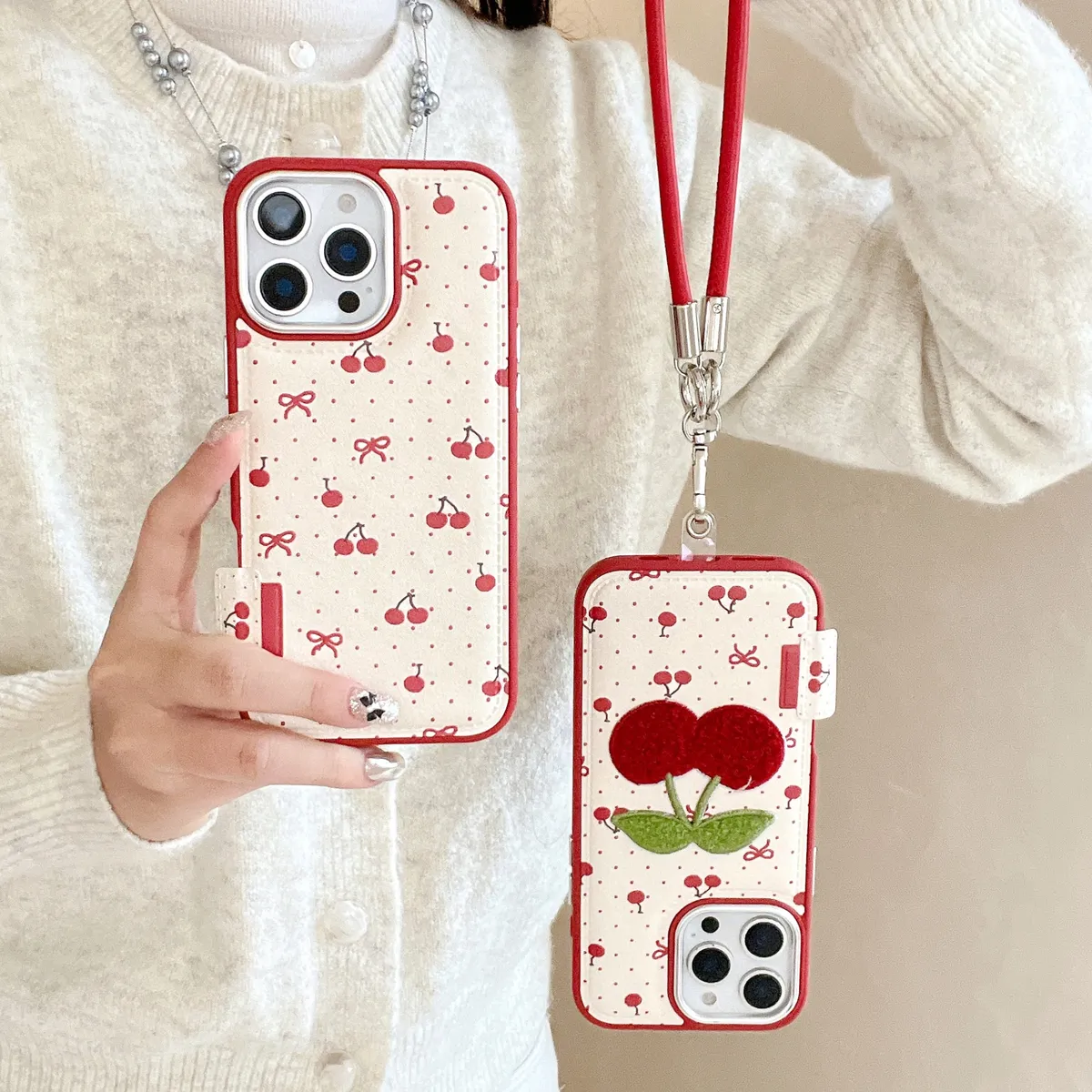 ins电镀鼓包波点刺绣樱桃适用于苹果16promax皮纹可爱iPhone13pro手机壳 - 图片 4
