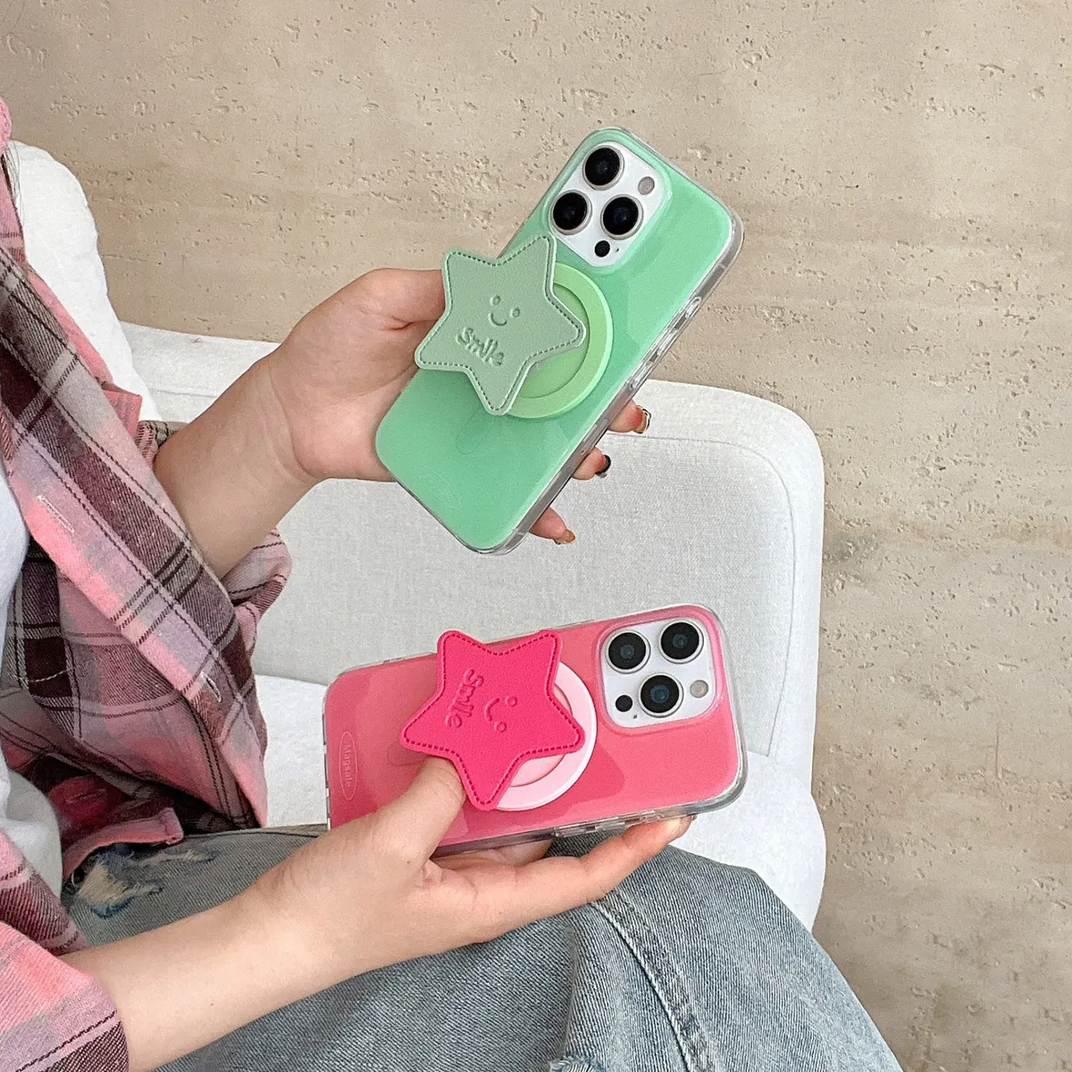 双层磁吸 糖果色星星皮纹支架适用iPhone16promax苹果15pro手机壳13promax新款防摔保护套 - 图片 4