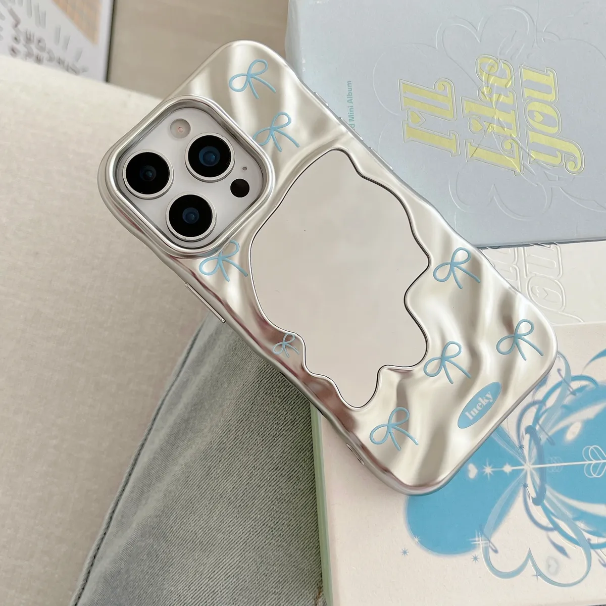 电镀银波浪镜子-蓝黑蝴蝶结 - 图片 10