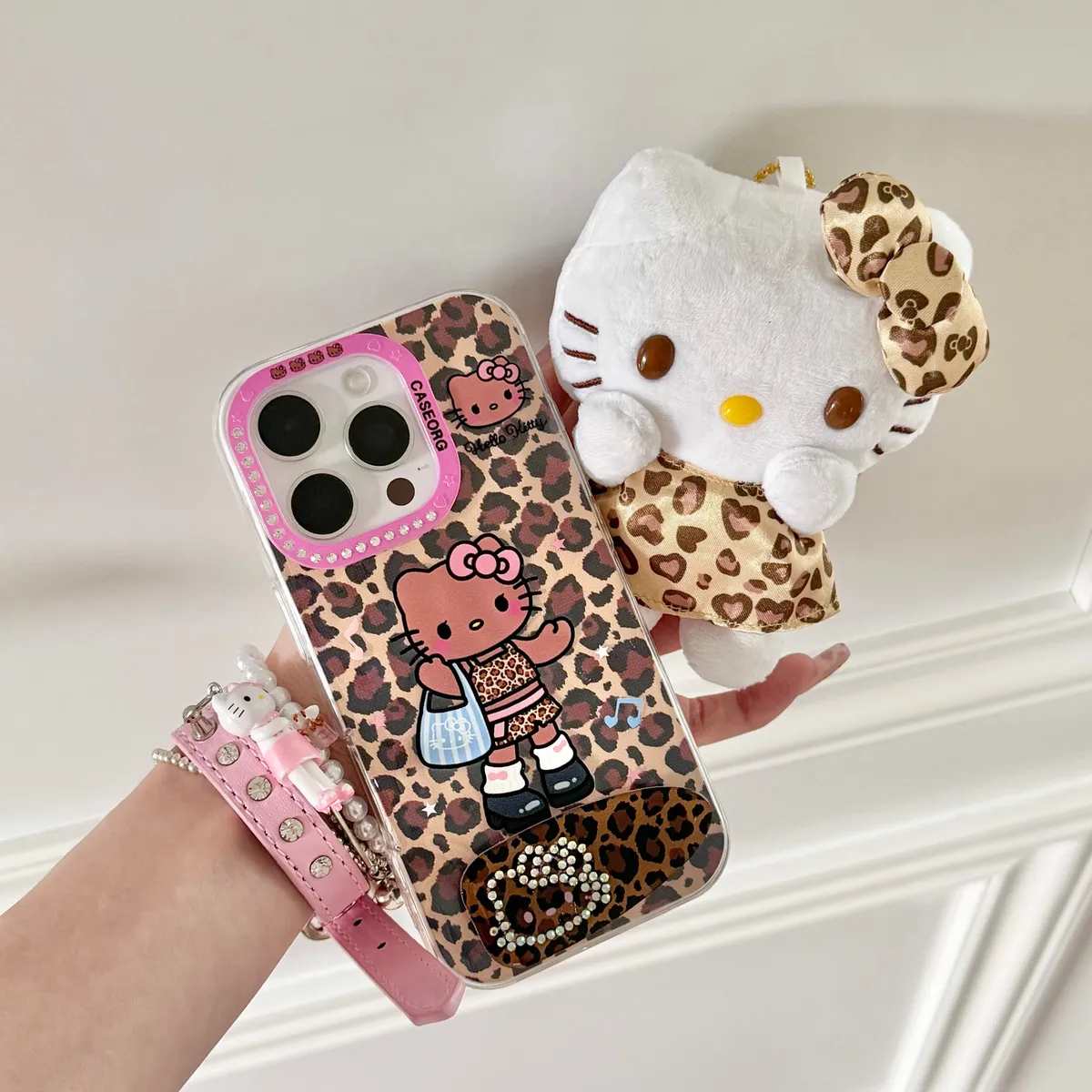 点钻褶皱 豹纹Kitty发夹支架适用16ProMax苹果手机壳iPhone15Pro防摔13p男女款15保护套 - 图片 3