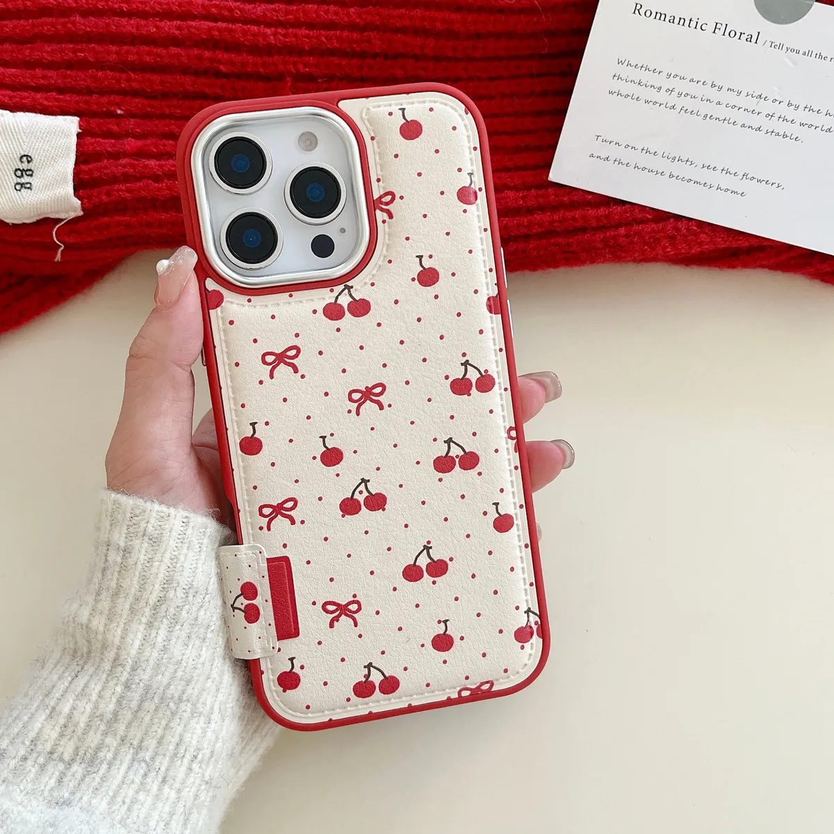 ins电镀鼓包波点刺绣樱桃适用于苹果16promax皮纹可爱iPhone13pro手机壳