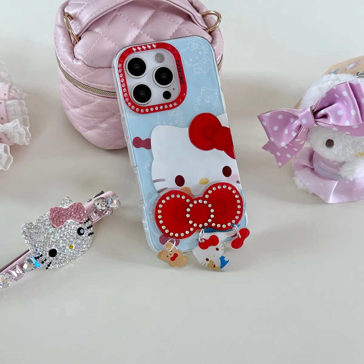 点钻褶皱 蝴蝶结Kitty折叠支架适用16ProMax苹果手机壳iPhone15Pro防摔13p男女款15保护套 - 图片 3