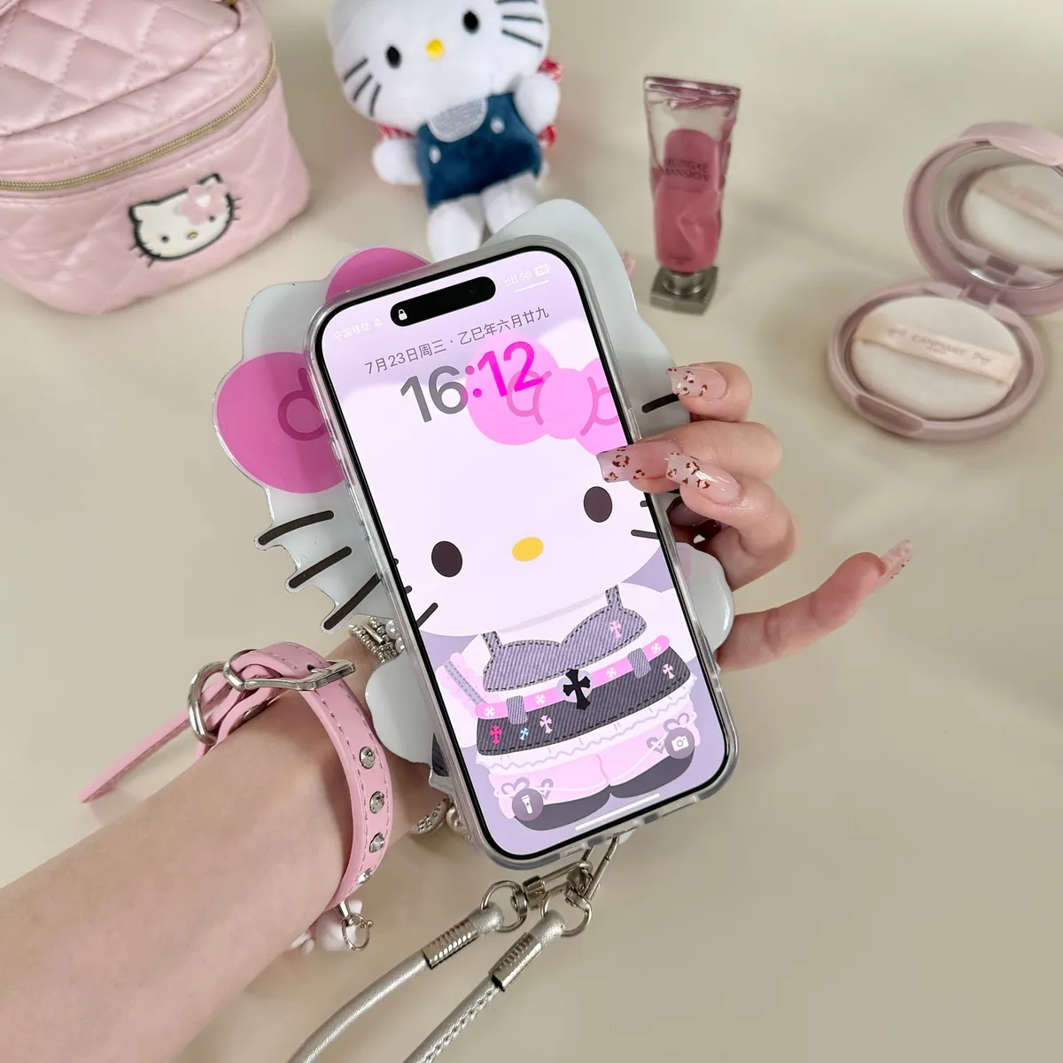 斜背推拉补妆镜克罗心Hellokitty适用16ProMax苹果手机壳iPhone15Pro防摔13p男女款15保护套 - 图片 4