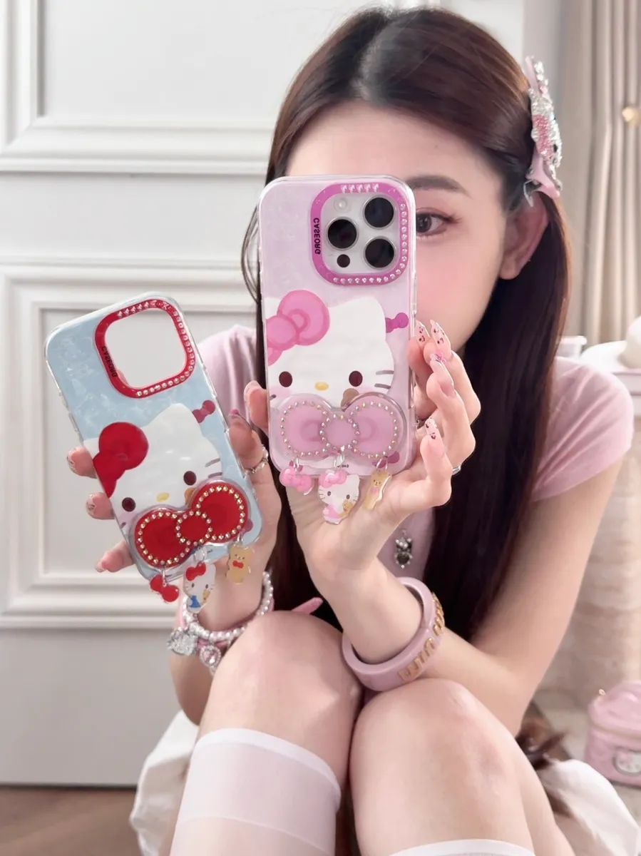 点钻褶皱 蝴蝶结Kitty折叠支架适用16ProMax苹果手机壳iPhone15Pro防摔13p男女款15保护套 - 图片 10