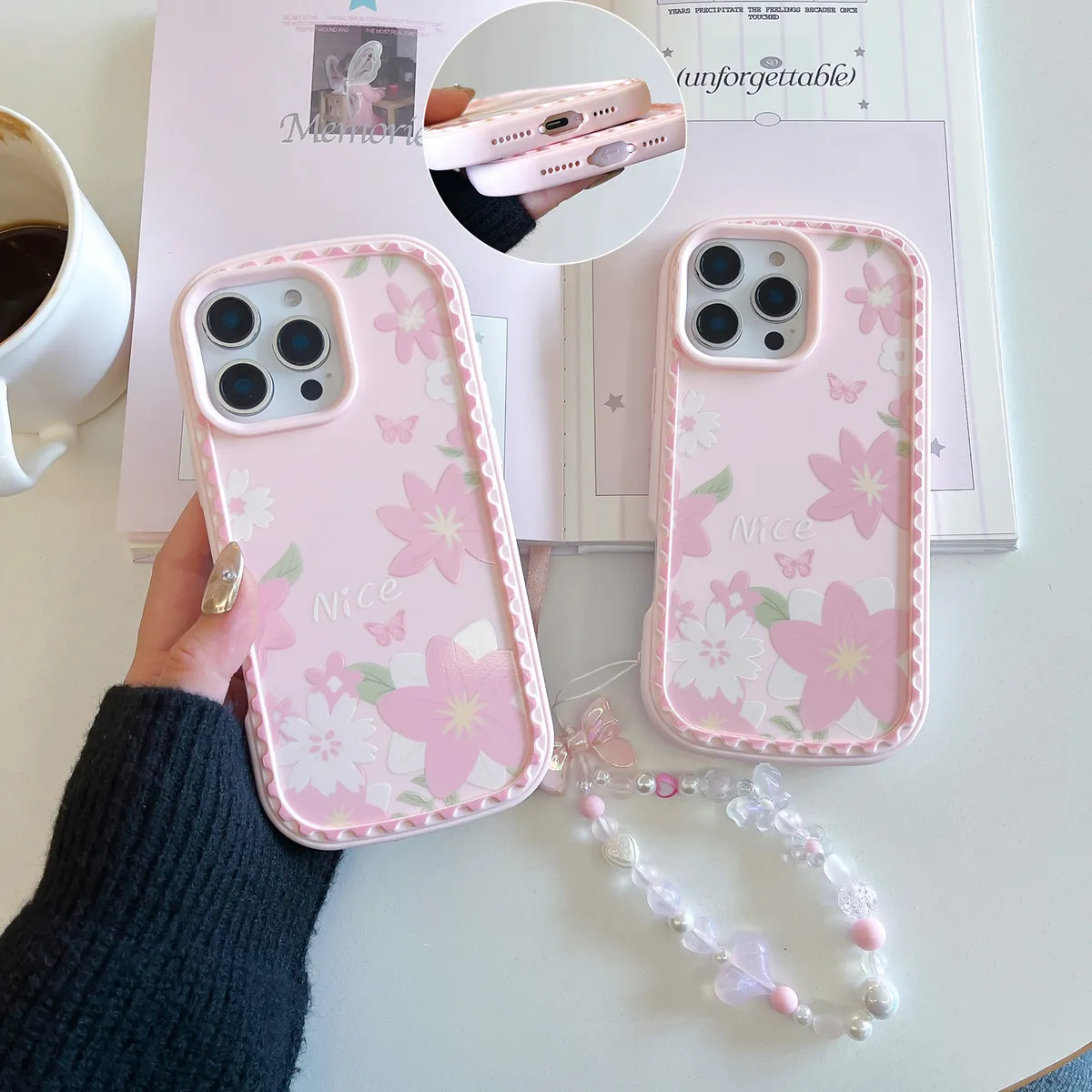 新模具防尘塞推窗 粉色花  温柔粉色蝴蝶结适用于苹果15ProMax手机壳iPhone14Pro全包13卡通12防摔保护套新款少女心软 - 图片 4