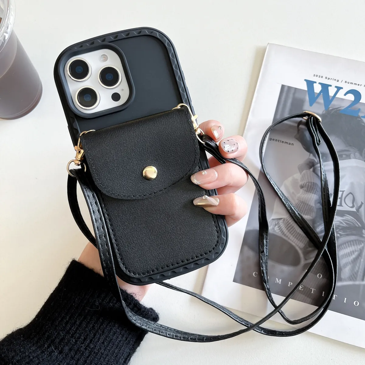 防尘塞推窗卡包安可拉红小香风山卡包带斜挎绳手机壳适用iPhone16promax苹果15/14/13新年款高级感软壳全包防摔套 - 图片 7