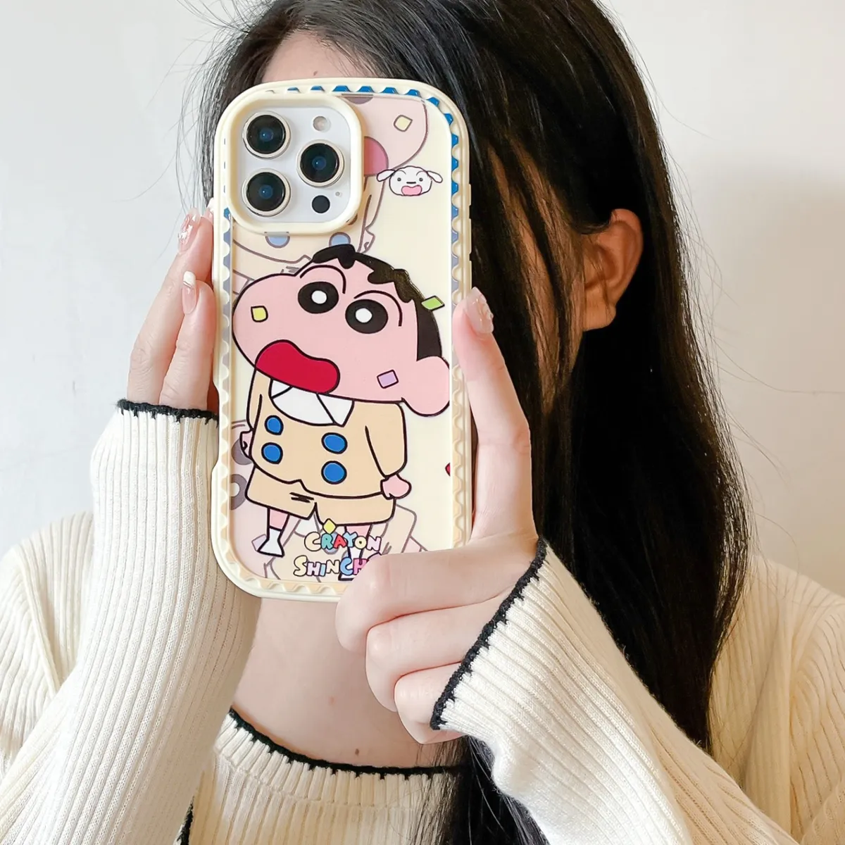 防尘塞推窗小新ins可爱卡通适用苹果15promax手机壳iPhone14女新款13皮质12PM时尚女小众荔枝纹15Pro防摔14pro保护套 - 图片 9