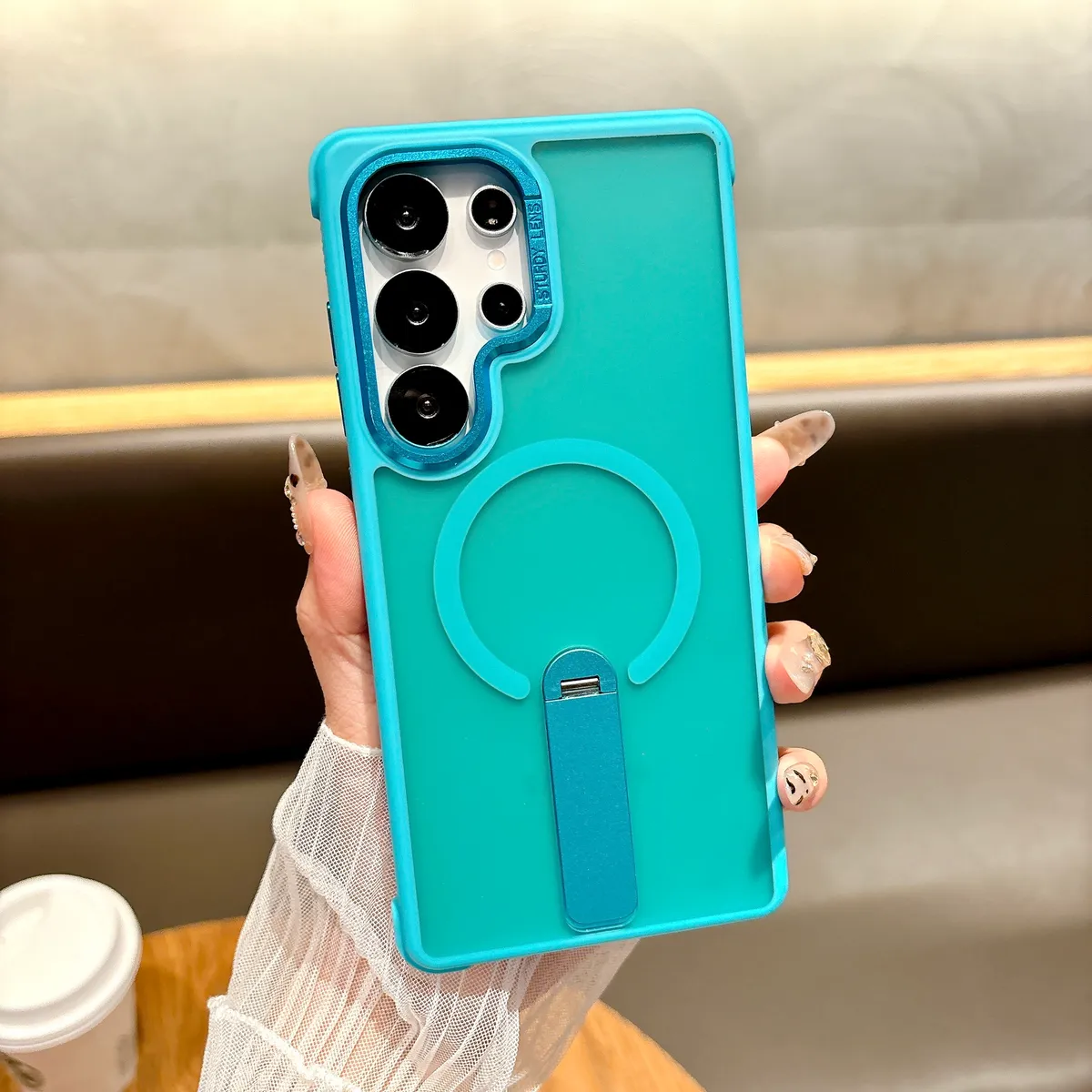 适用GSM三星iPhone苹果magsafe磁吸四角防摔磨砂肤感耐磨360旋转站立支架TPU二合一五金按键五金相框防滑手机壳 - 图片 8