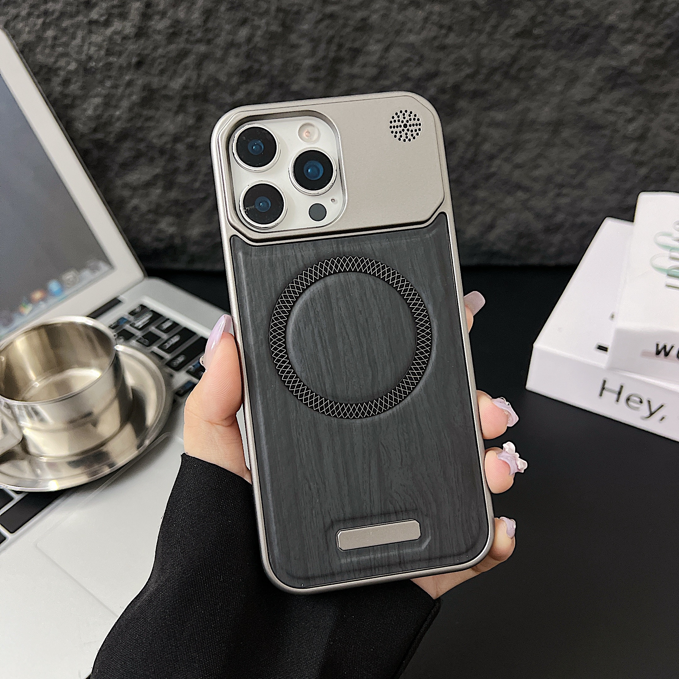 适用苹果17Pro木纹仿皮磁吸圈防摔保护套高级小众男女