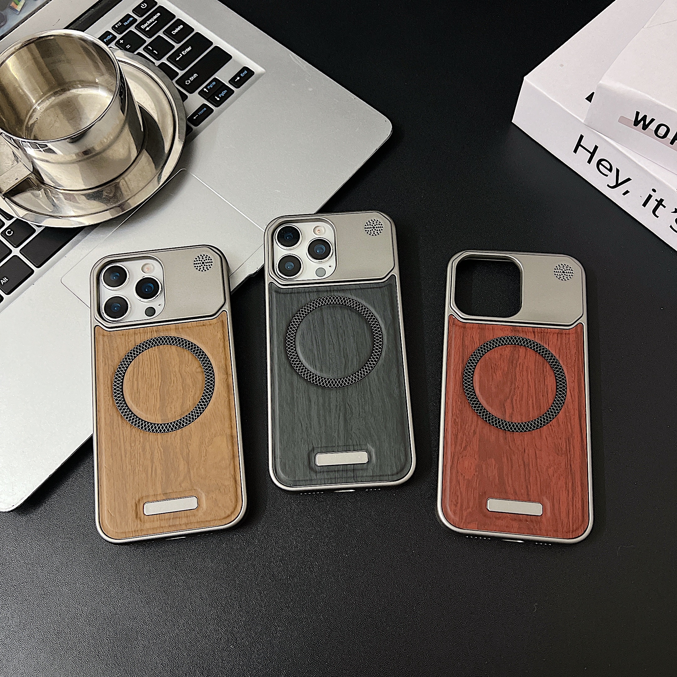 适用苹果17Pro木纹仿皮磁吸圈防摔保护套高级小众男女 - 图片 4