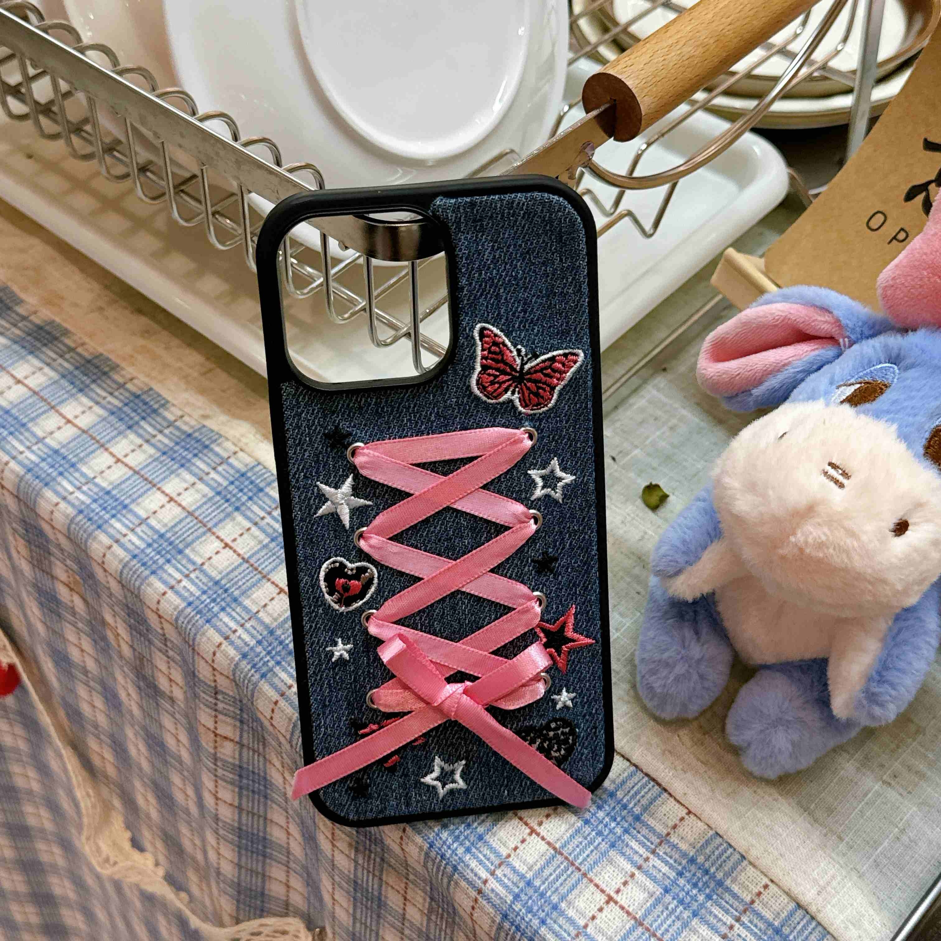 ins甜妹牛仔布粉蝴蝶结苹果16promax手机壳适用iPhone15pro防摔套14软壳全包13新款16少女 - 图片 9