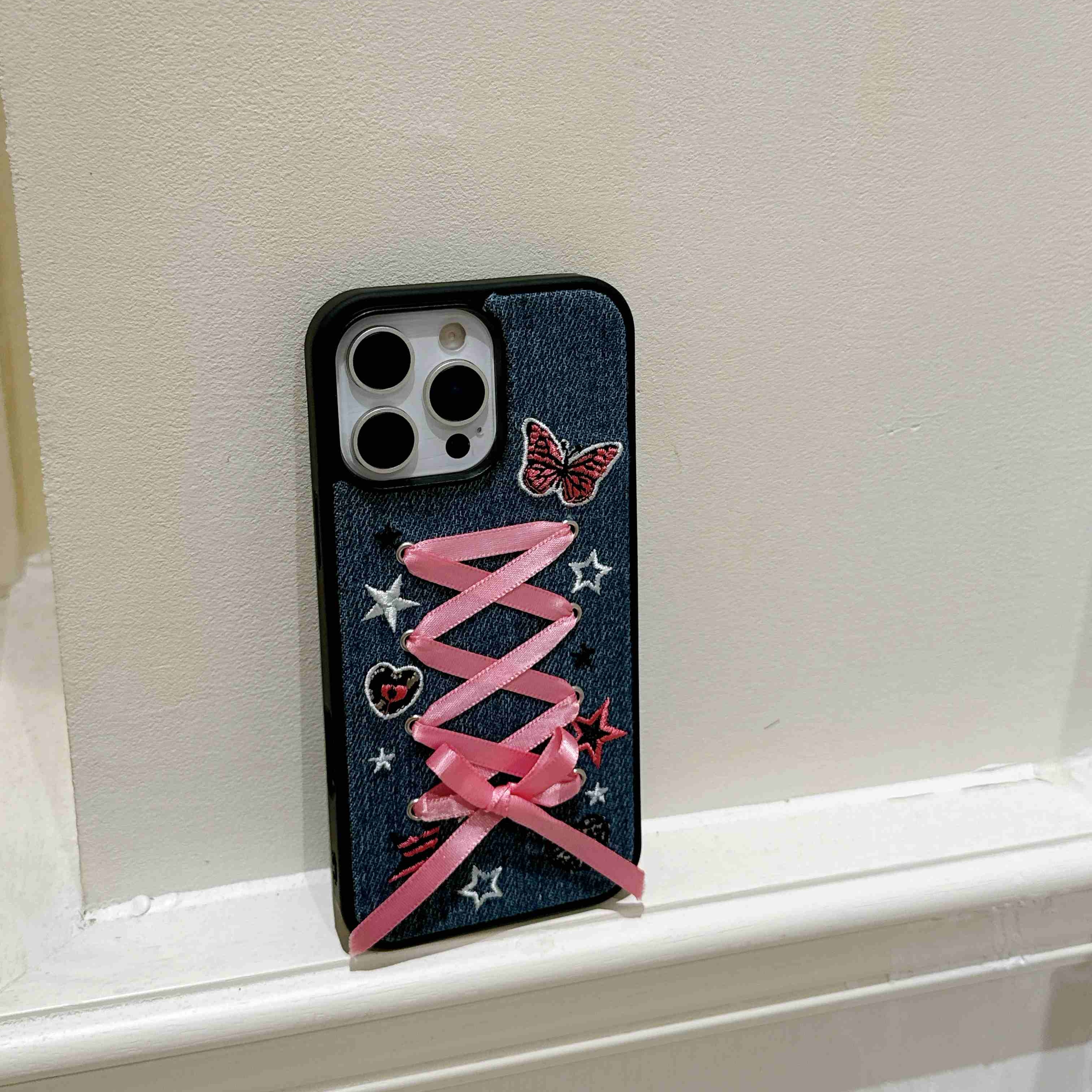 ins甜妹牛仔布粉蝴蝶结苹果16promax手机壳适用iPhone15pro防摔套14软壳全包13新款16少女 - 图片 8